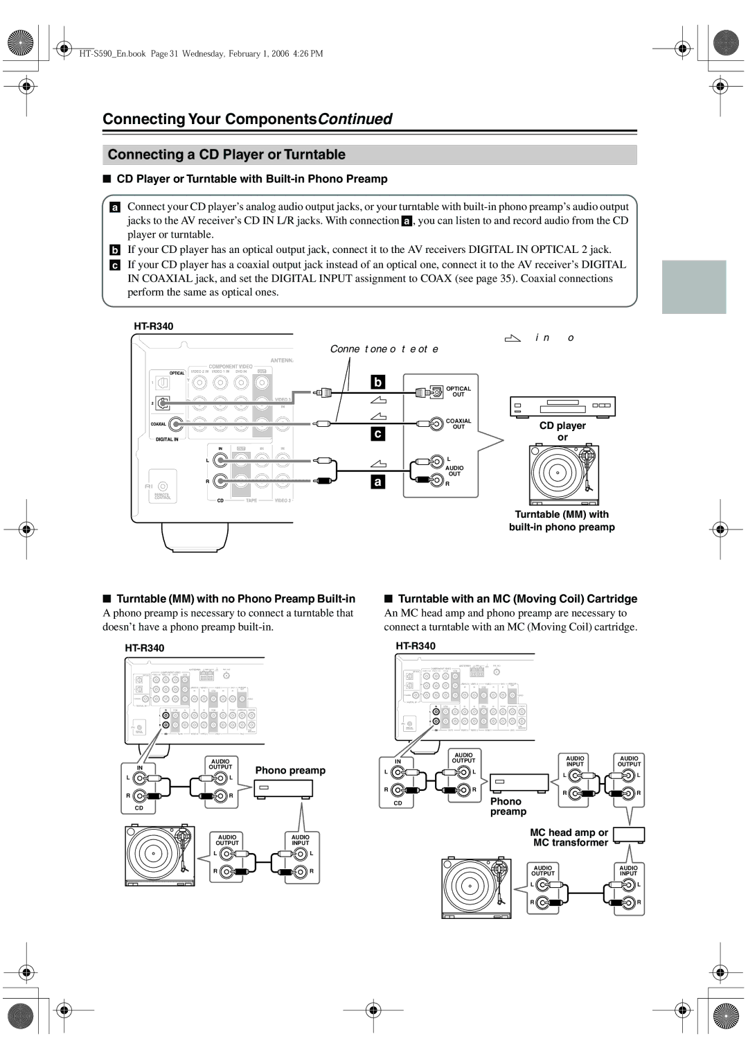 Onkyo SKW-340, SKC-340C, SKF-340F Connecting a CD Player or Turntable, CD Player or Turntable with Built-in Phono Preamp 