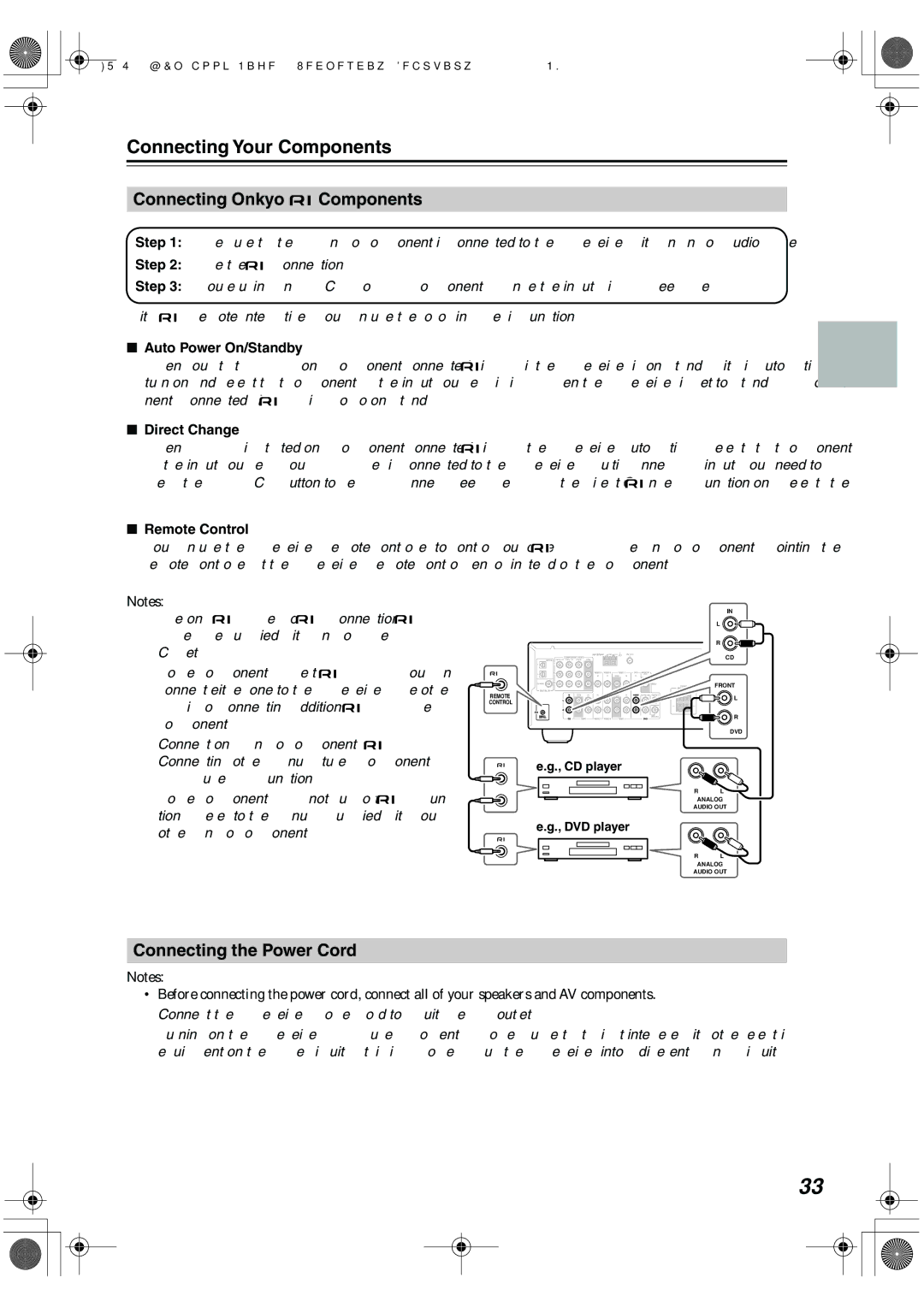 Onkyo SKF-340F, SKC-340C Connecting Onkyo Components, Connecting the Power Cord, Auto Power On/Standby, Direct Change 
