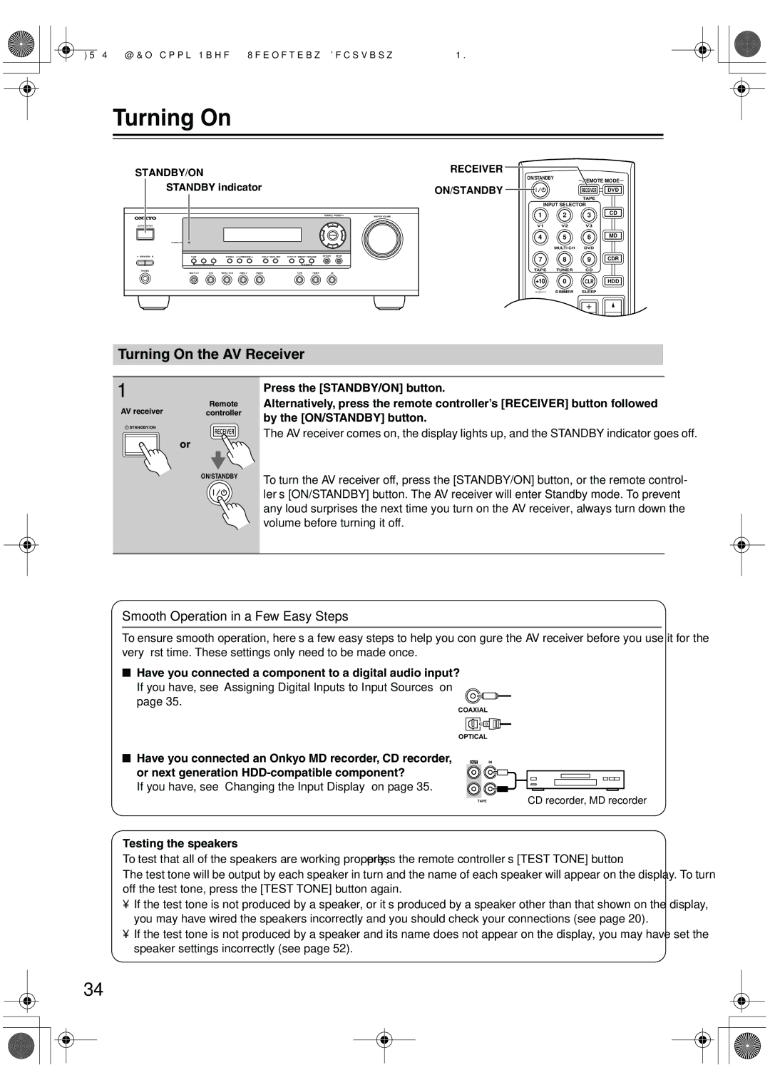 Onkyo SKM-340S, SKC-340C Turning On the AV Receiver, Smooth Operation in a Few Easy Steps, Testing the speakers 