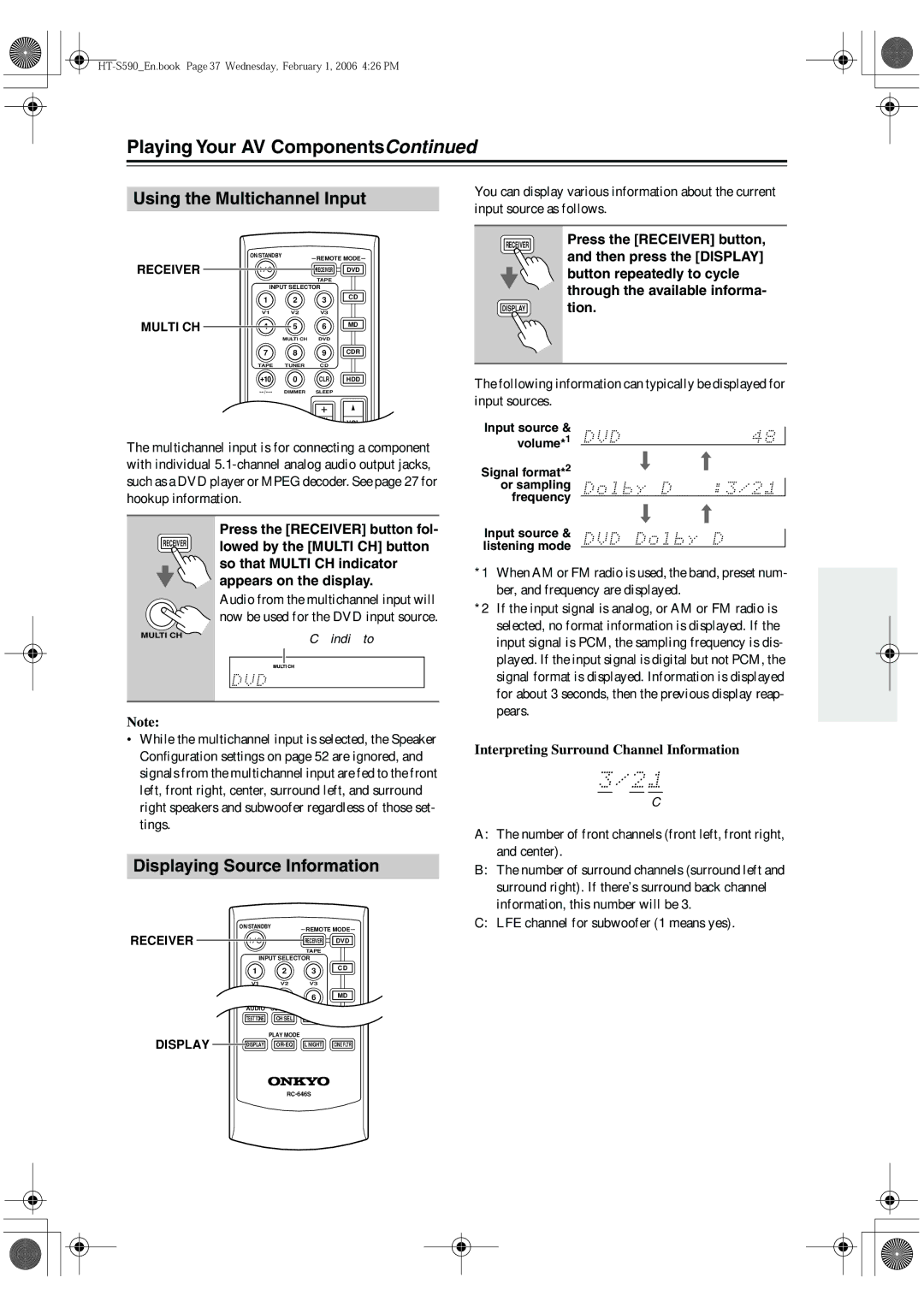 Onkyo SKF-340F, SKC-340C, SKM-340S Playing Your AV Components, Using the Multichannel Input, Displaying Source Information 