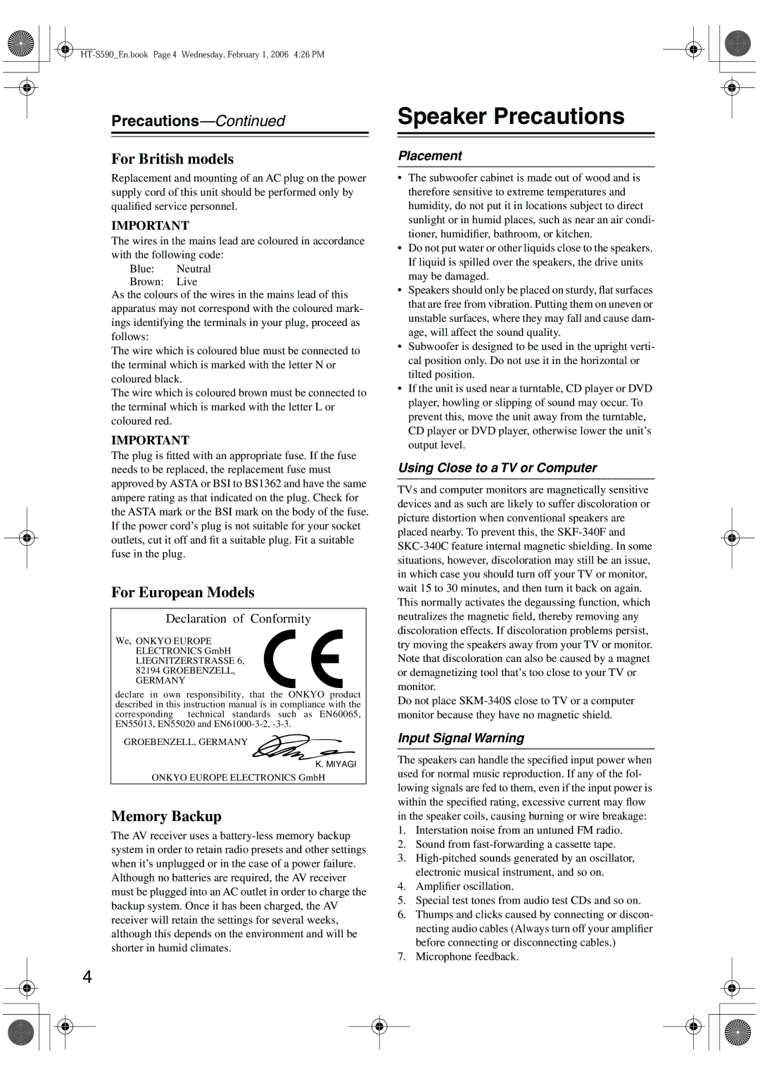 Onkyo SKC-340C, SKF-340F, SKM-340S Speaker Precautions, Placement, Using Close to a TV or Computer, Input Signal Warning 