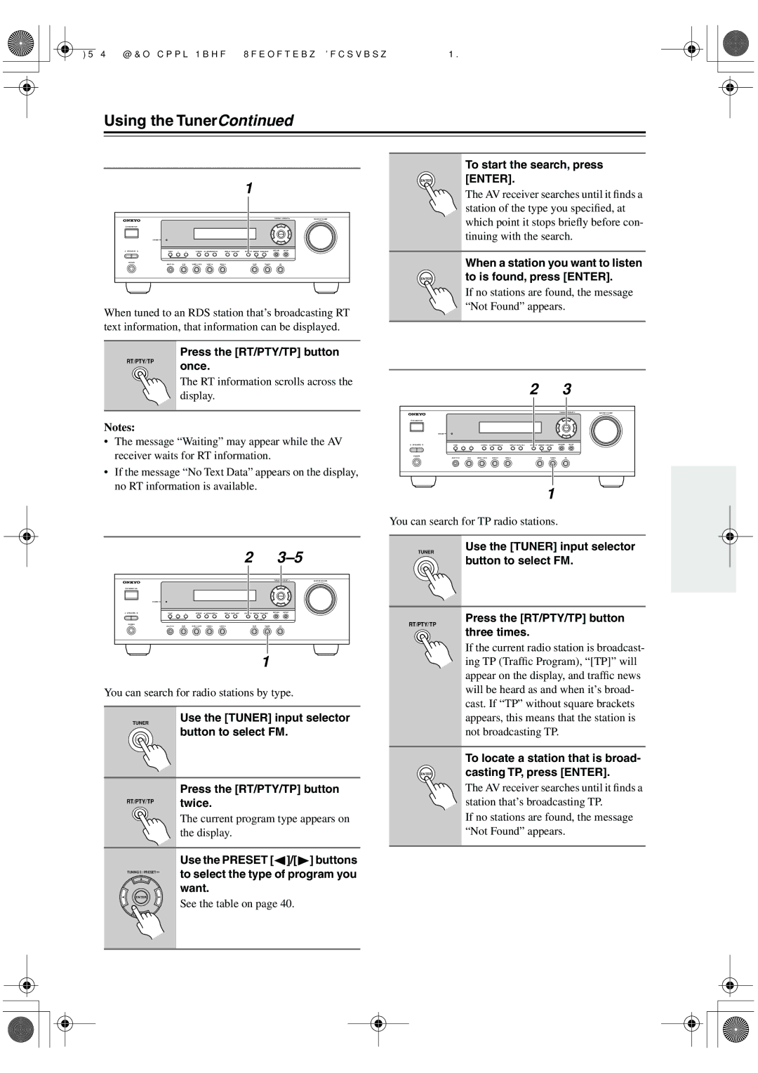 Onkyo SKF-340F, SKC-340C, SKM-340S Displaying Radio Text RT, Finding Stations by Type PTY, Listening to Trafﬁc News TP 