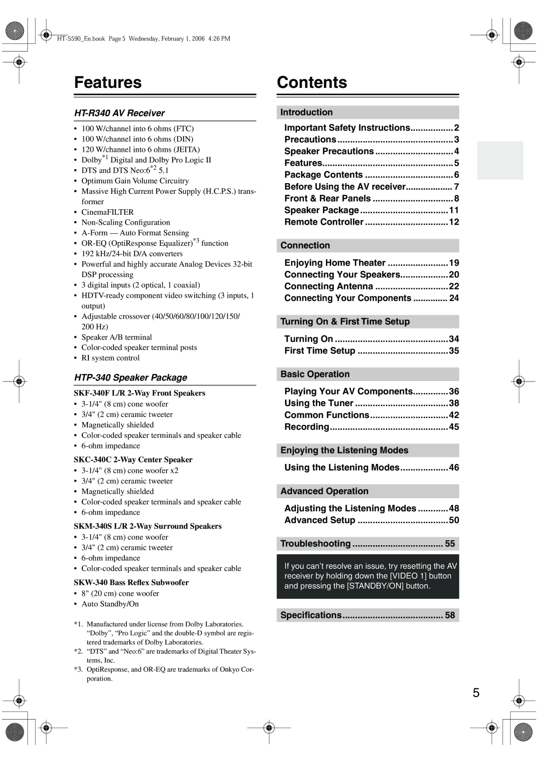 Onkyo SKF-340F, SKC-340C, SKM-340S, SKW-340 instruction manual FeaturesContents 