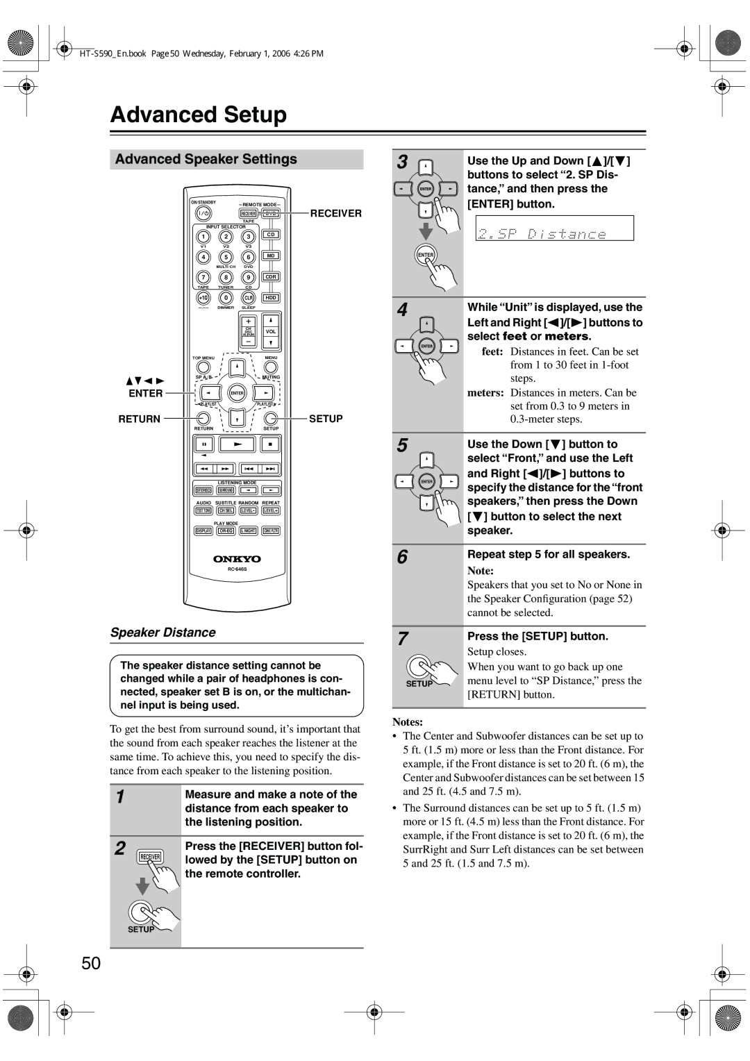 Onkyo SKM-340S, SKC-340C, SKF-340F, SKW-340 instruction manual Advanced Setup, Advanced Speaker Settings, Speaker Distance 