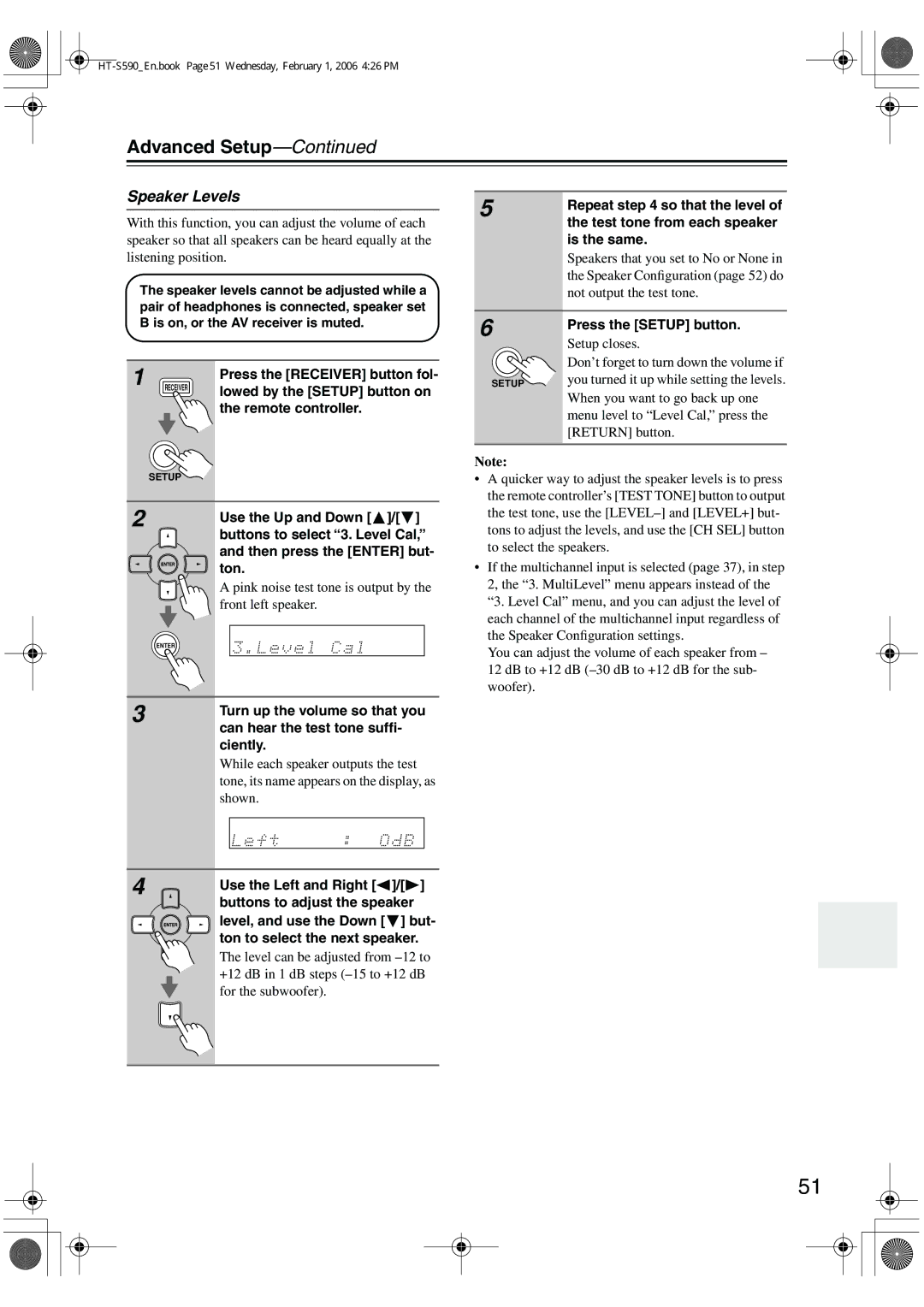 Onkyo SKW-340, SKC-340C, SKF-340F, SKM-340S instruction manual Advanced Setup, Speaker Levels 