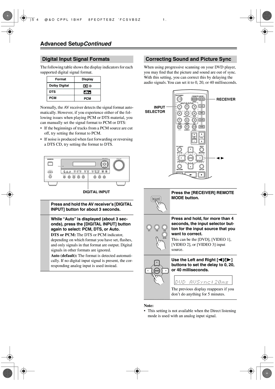 Onkyo SKM-340S, SKC-340C, SKF-340F, SKW-340 instruction manual Digital Input Signal Formats, Correcting Sound and Picture Sync 