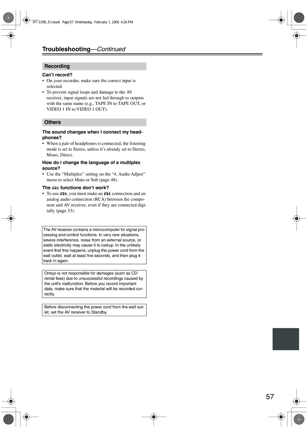 Onkyo SKF-340F, SKC-340C, SKM-340S Can’t record?, Sound changes when I connect my head- phones?, Functions don’t work? 