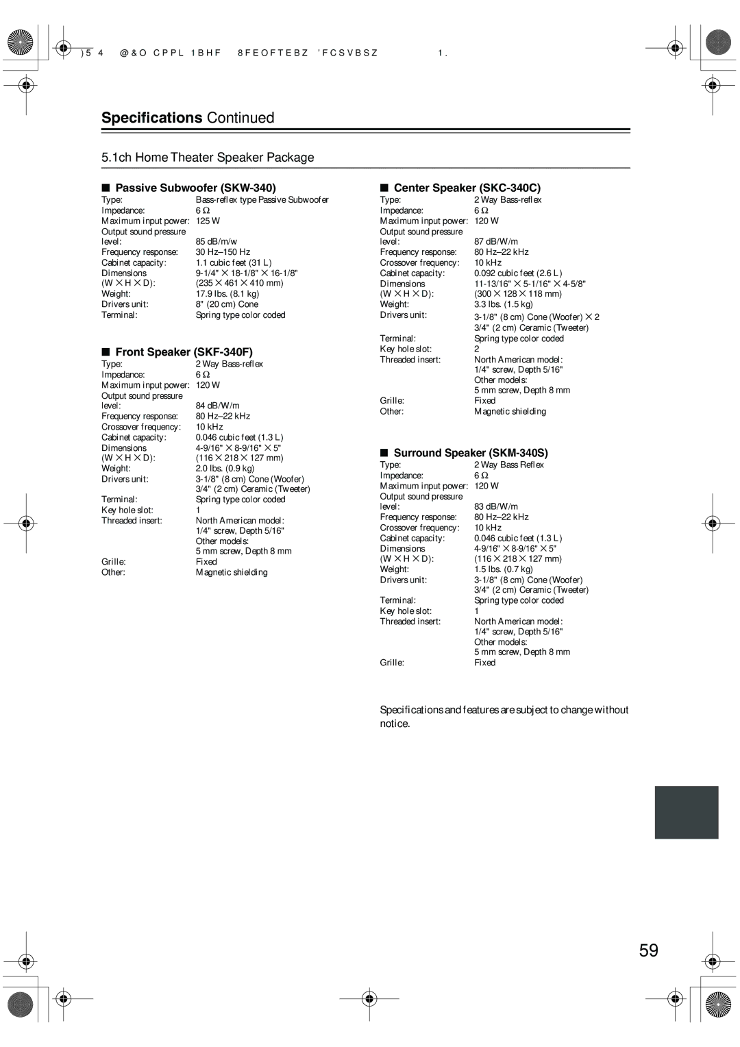 Onkyo SKW-340, SKC-340C, SKF-340F, SKM-340S instruction manual Speciﬁcations, 1ch Home Theater Speaker Package 