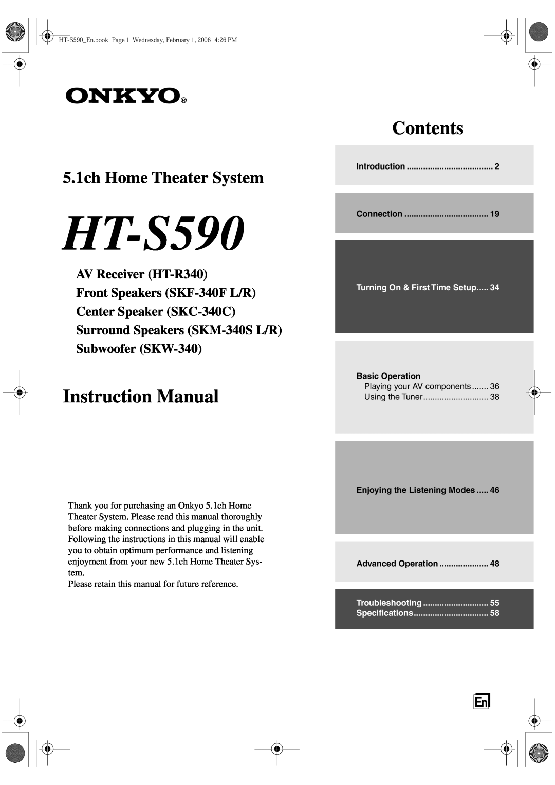 Onkyo SKF-340F, SKM-340S, SKW-340 instruction manual HT-S590, Contents, 5.1ch Home Theater System, Center Speaker SKC-340C 