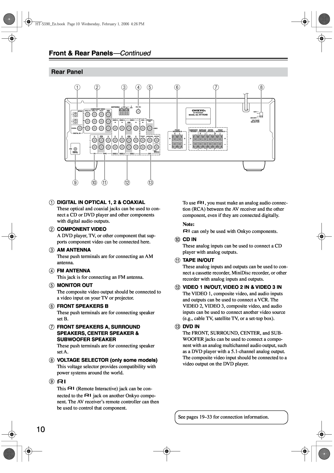 Onkyo SKM-340S, SKC-340C, SKF-340F, SKW-340 instruction manual J K L M, Front & Rear Panels-Continued 