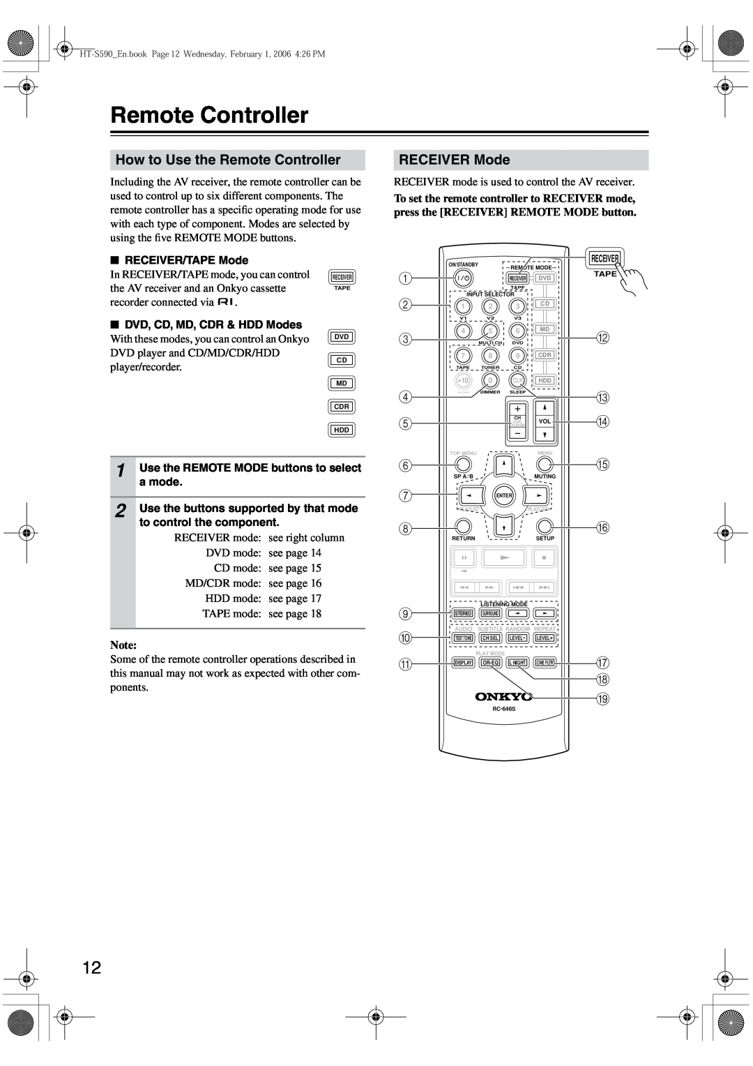 Onkyo SKC-340C, SKF-340F, SKM-340S, SKW-340 instruction manual How to Use the Remote Controller, RECEIVER Mode 