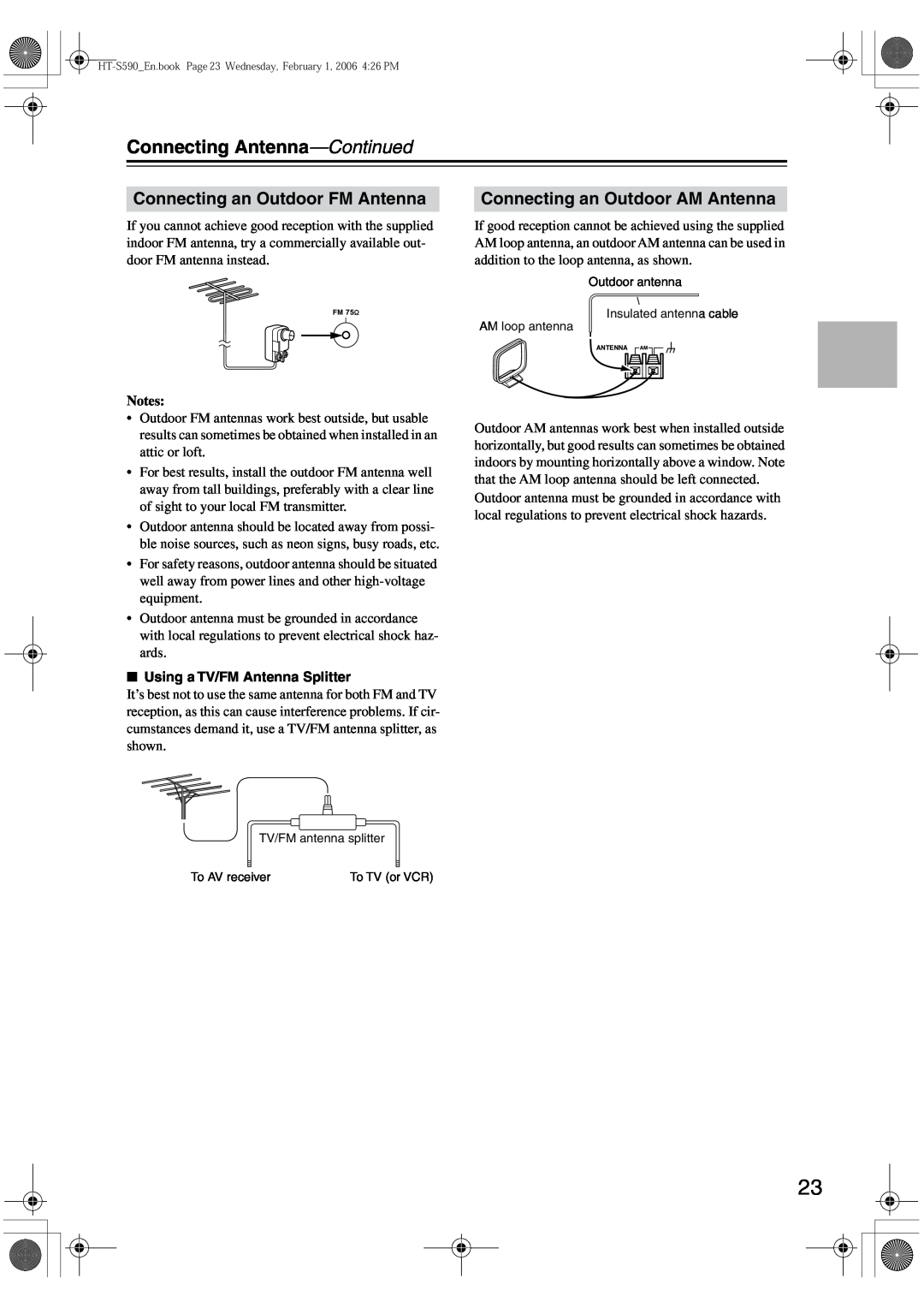 Onkyo SKW-340, SKC-340C Connecting Antenna-Continued, Connecting an Outdoor FM Antenna, Connecting an Outdoor AM Antenna 