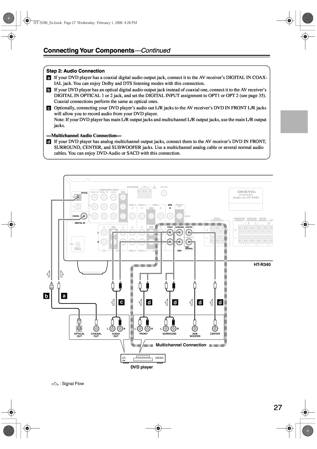 Onkyo SKW-340, SKC-340C, SKF-340F, SKM-340S instruction manual b a c, Connecting Your Components-Continued, Audio Connection 
