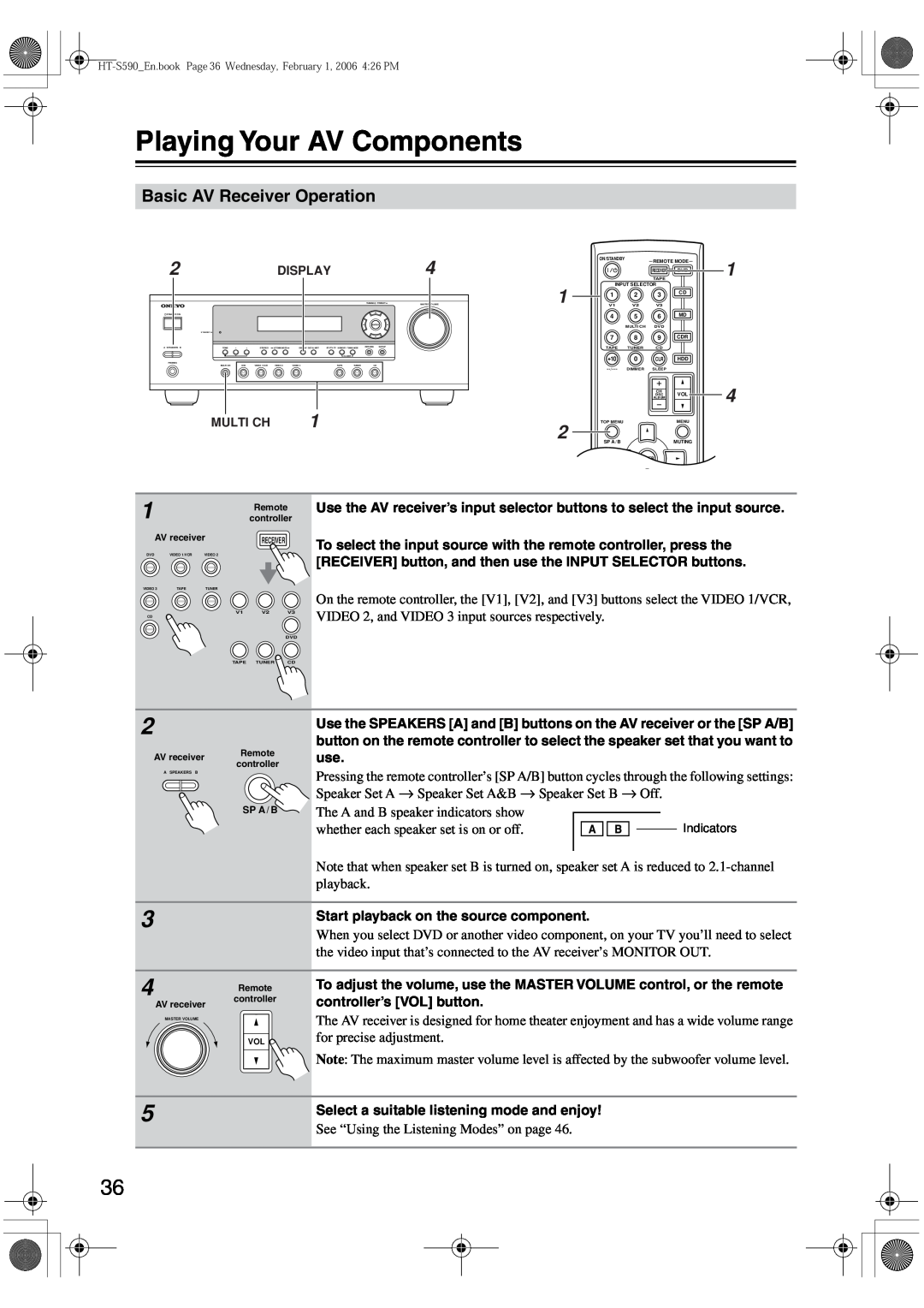 Onkyo SKC-340C, SKF-340F, SKM-340S, SKW-340 instruction manual Playing Your AV Components, Basic AV Receiver Operation 