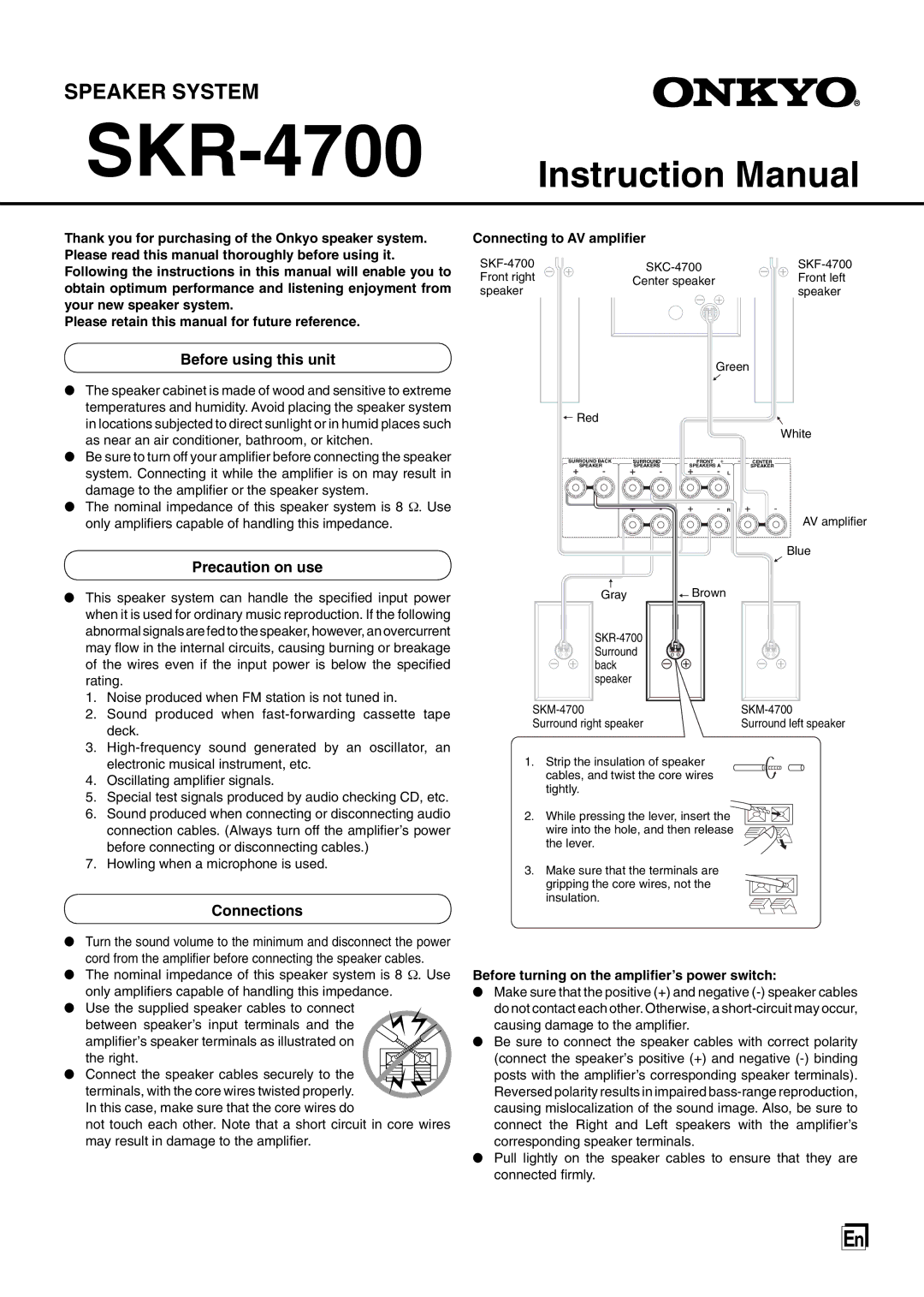 Onkyo SKF-4700 instruction manual Before using this unit, Precaution on use, Connections, Connecting to AV ampliﬁer 