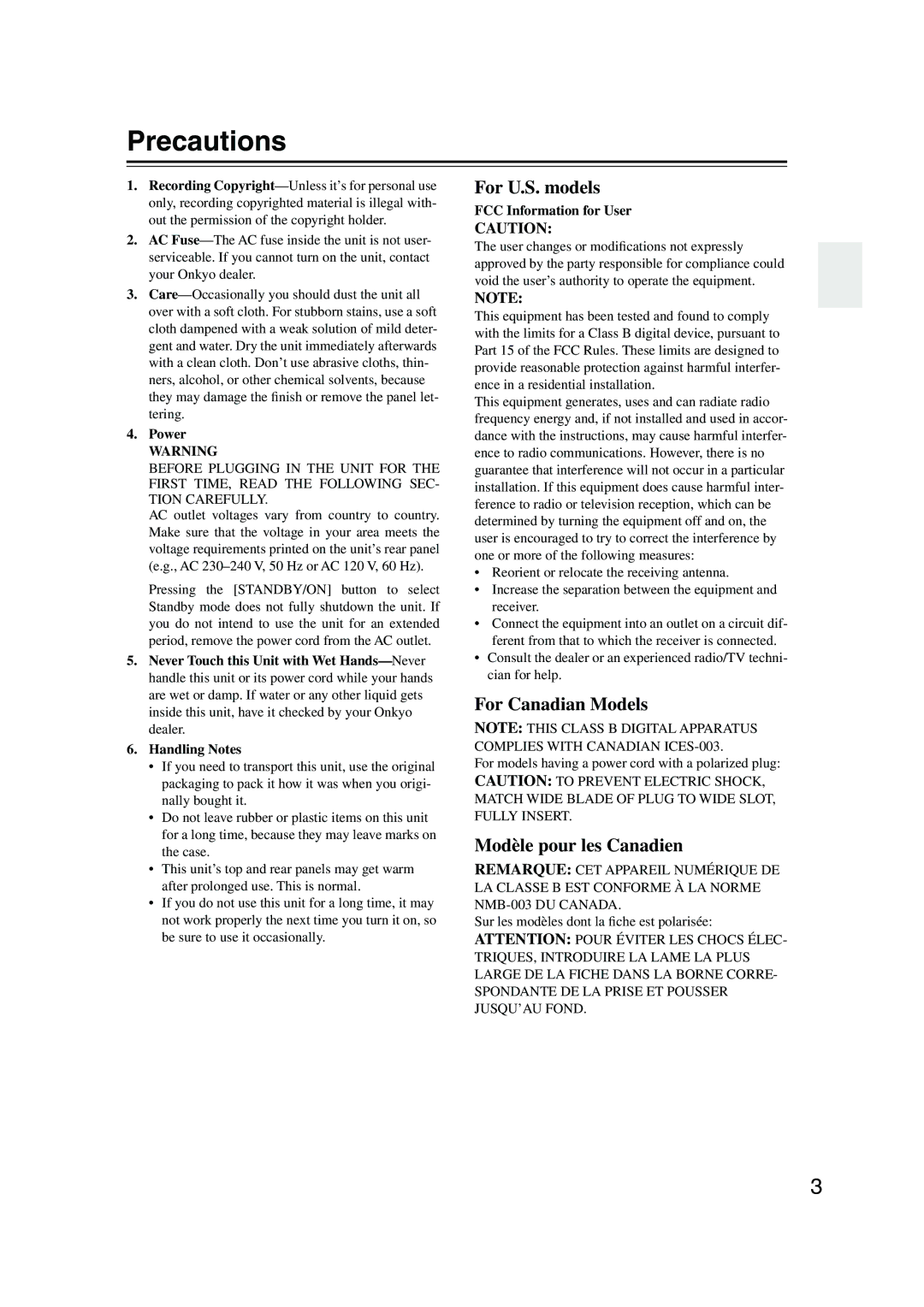 Onkyo SKW-540, SKF-540F Precautions, Power, FCC Information for User, For models having a power cord with a polarized plug 