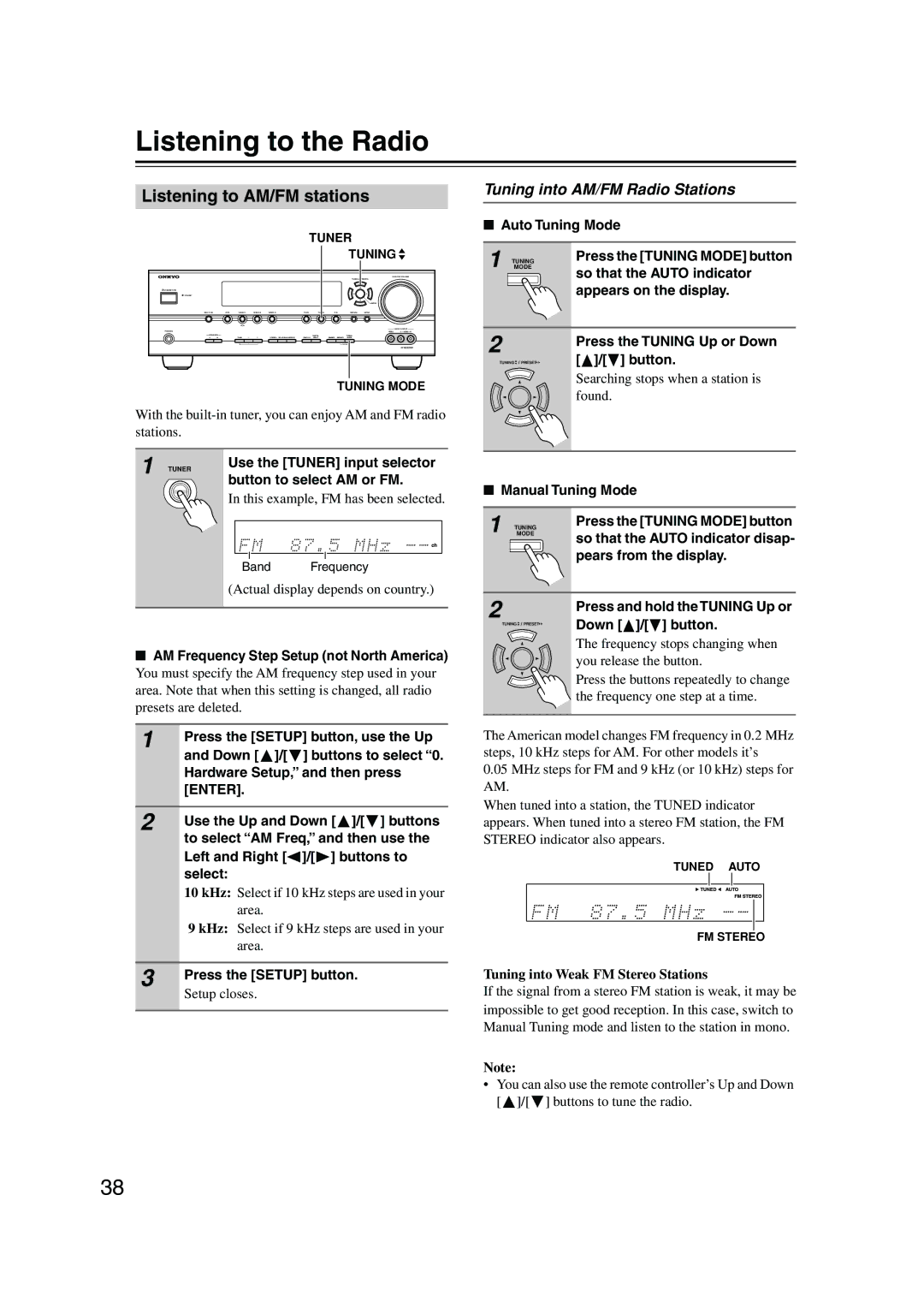 Onkyo SKW-540, SKF-540F, SKB-540 Listening to the Radio, Listening to AM/FM stations, Tuning into AM/FM Radio Stations 