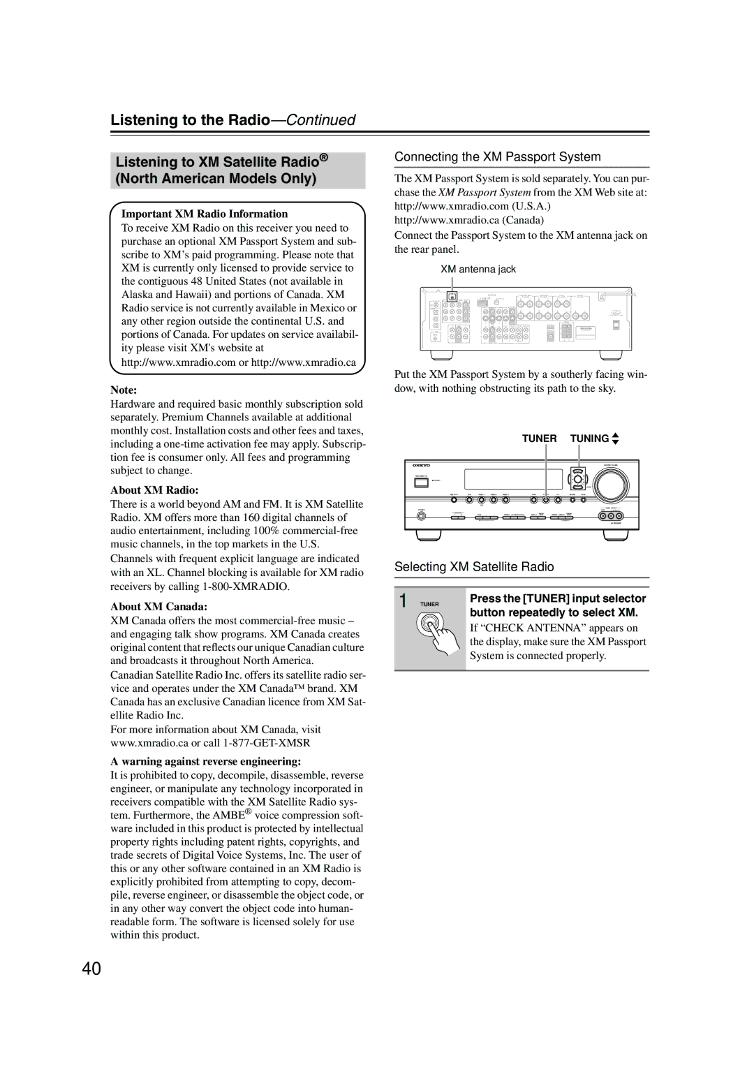 Onkyo SKF-540F, SKB-540 Listening to XM Satellite Radio North American Models Only, Connecting the XM Passport System 