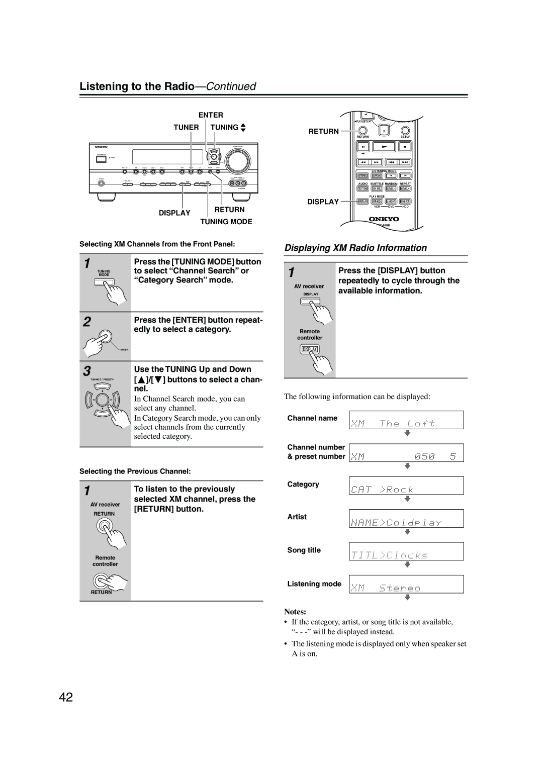 Onkyo SKM-540S, SKF-540F, SKB-540, SKW-540, HT-S790 instruction manual Displaying XM Radio Information 