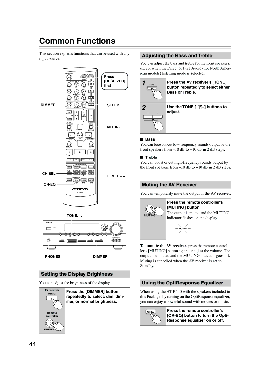 Onkyo HT-S790 Common Functions, Adjusting the Bass and Treble, Muting the AV Receiver, Setting the Display Brightness 