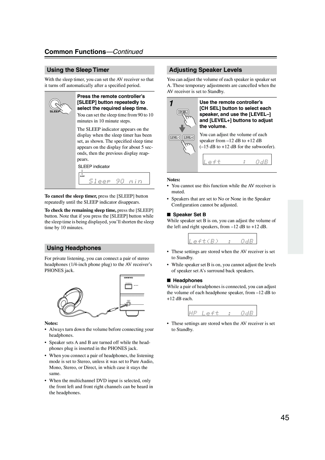 Onkyo SKF-540F, SKB-540, SKM-540S Common Functions, Using the Sleep Timer, Adjusting Speaker Levels, Using Headphones 