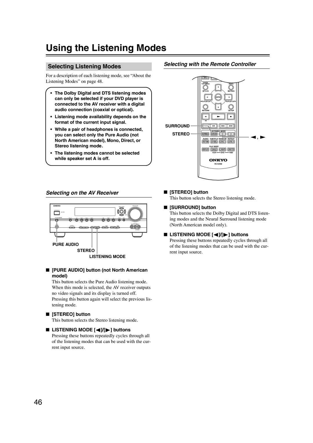 Onkyo SKB-540, SKF-540F, SKW-540 Using the Listening Modes, Selecting Listening Modes, Selecting with the Remote Controller 