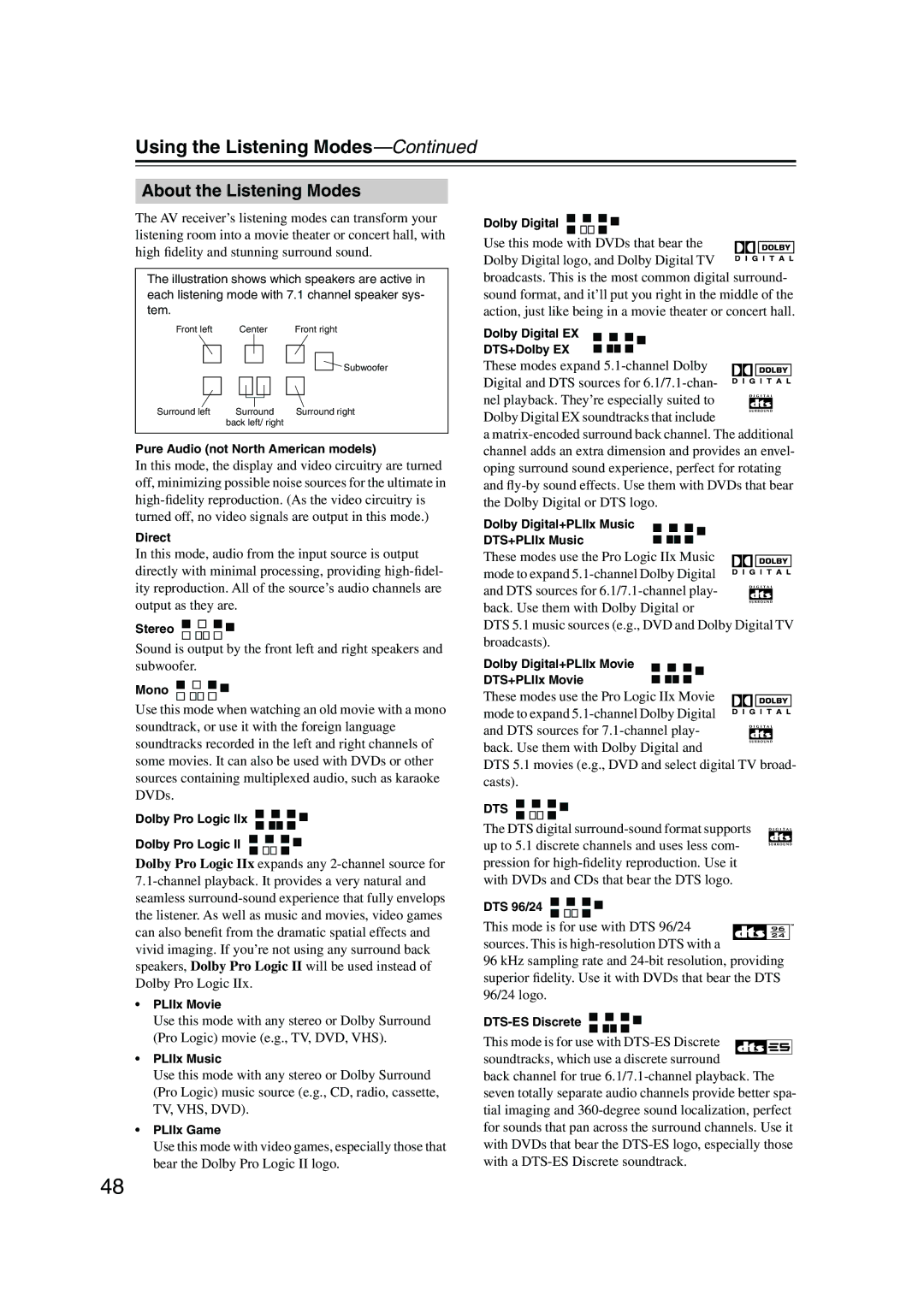 Onkyo SKW-540, SKF-540F, SKB-540, SKM-540S, HT-S790 instruction manual About the Listening Modes, Dts 