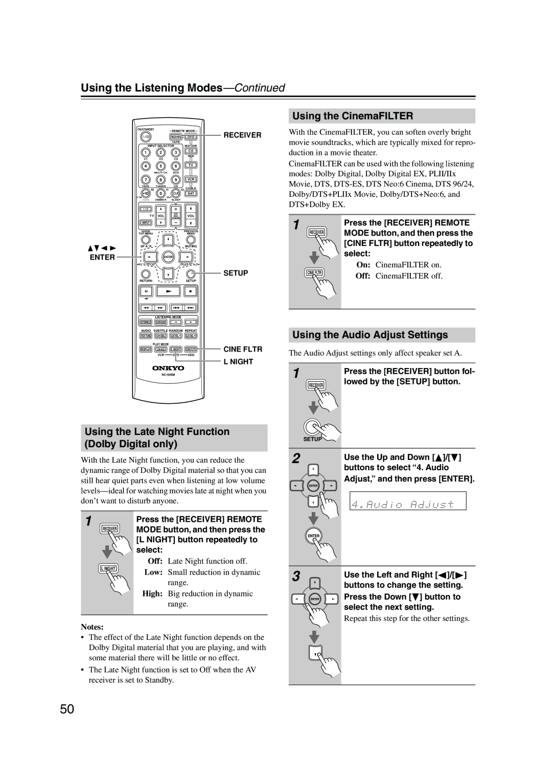 Onkyo SKF-540F Using the Late Night Function Dolby Digital only, Using the CinemaFILTER, Using the Audio Adjust Settings 