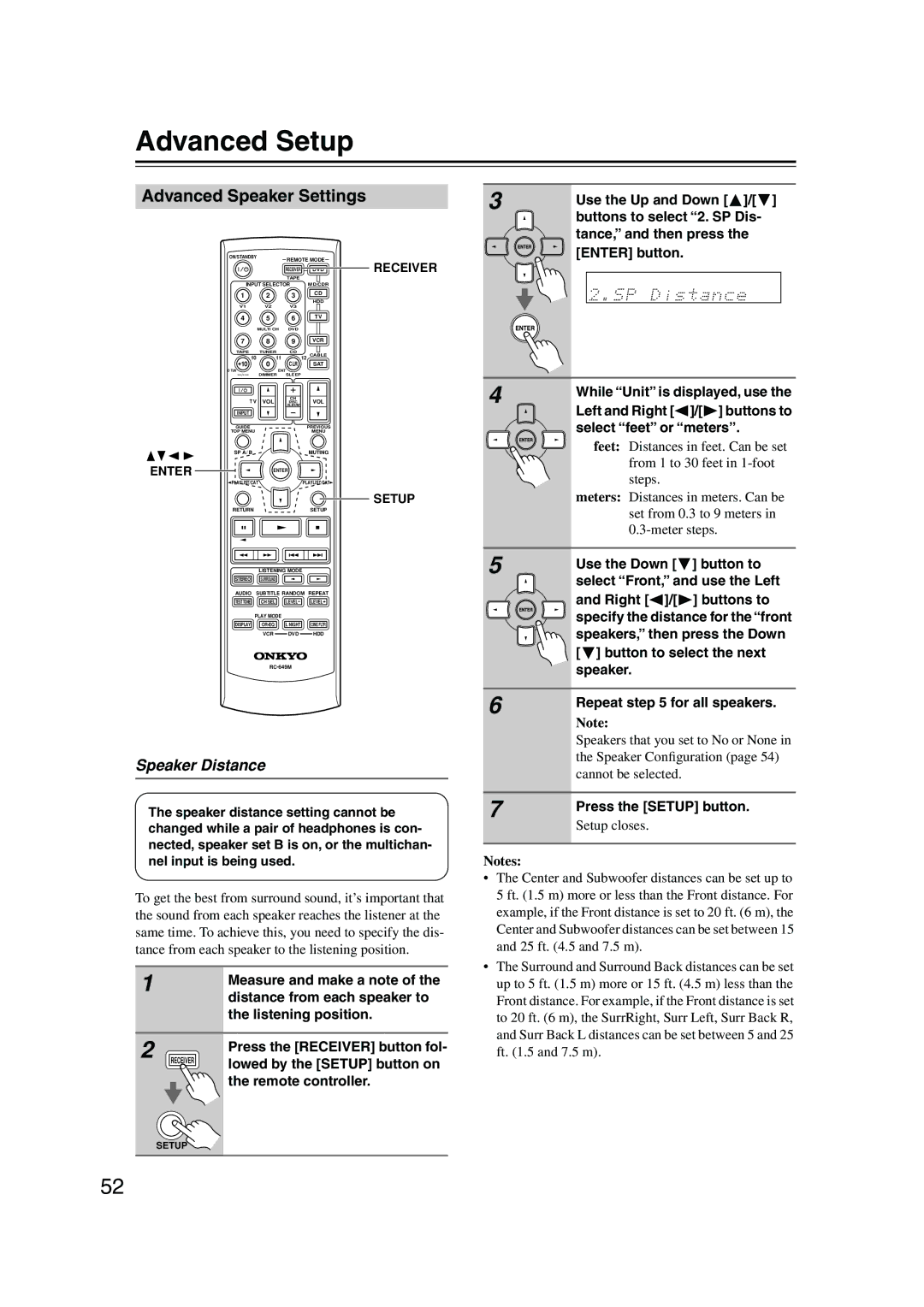 Onkyo SKM-540S, SKF-540F, SKB-540, SKW-540, HT-S790 Advanced Setup, Advanced Speaker Settings, Speaker Distance 