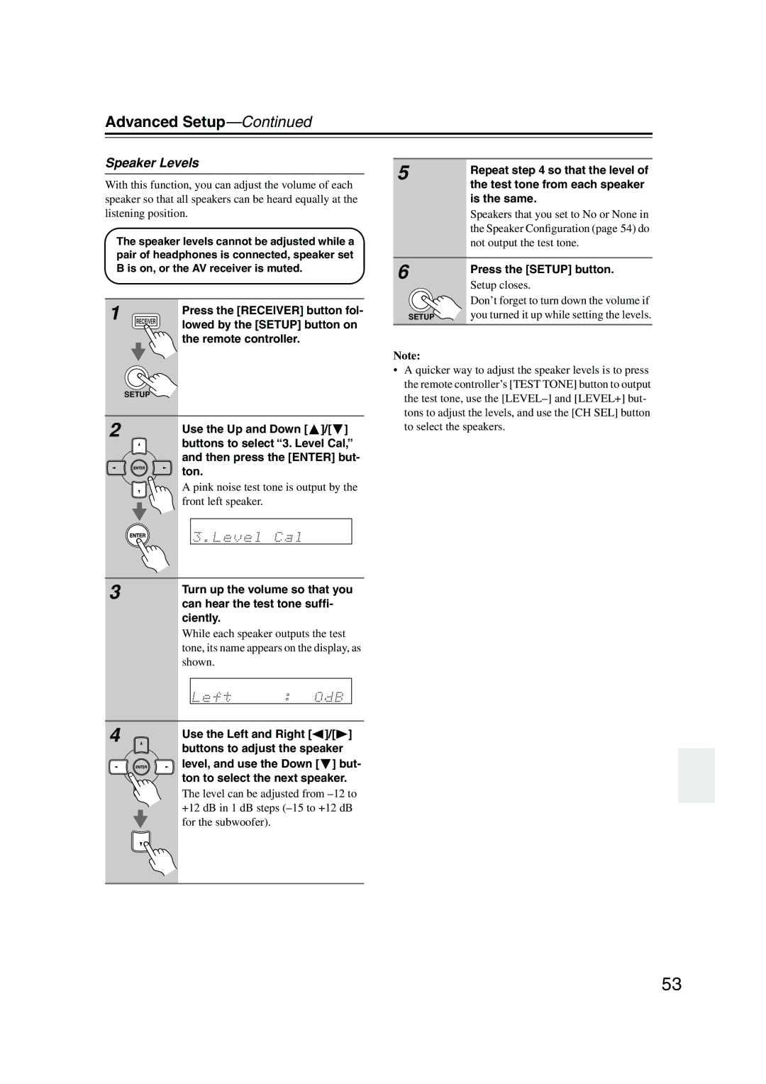 Onkyo SKW-540, SKF-540F, SKB-540, SKM-540S, HT-S790 instruction manual Advanced Setup, Speaker Levels 