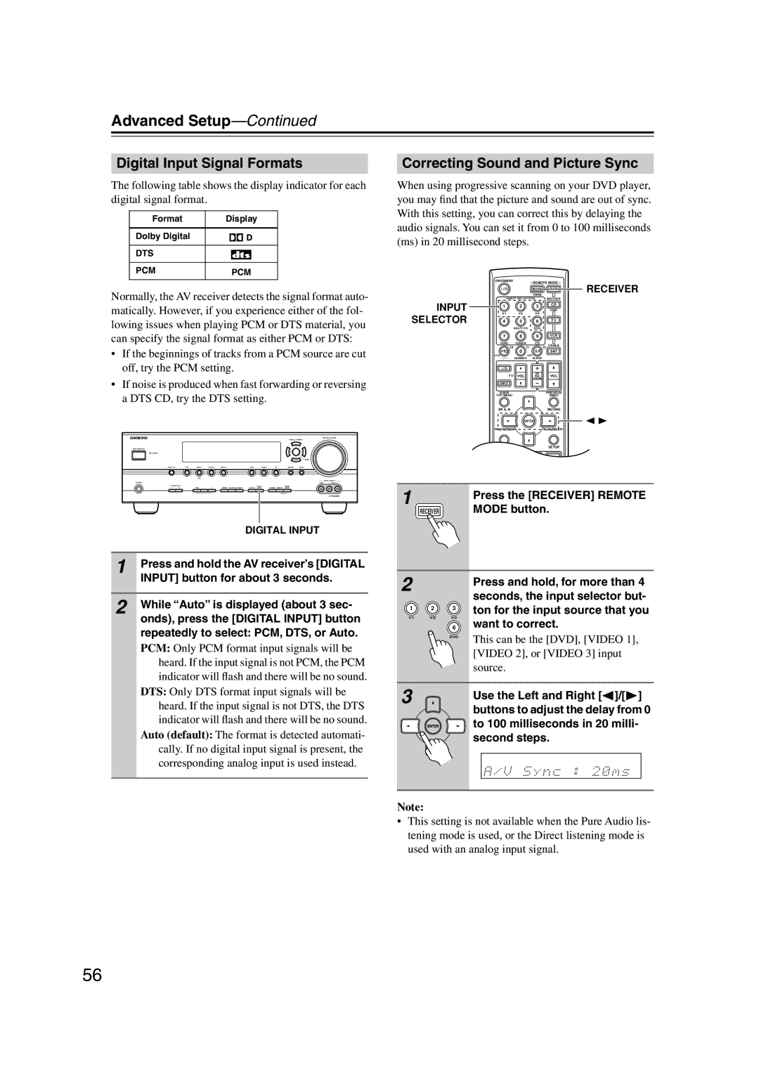 Onkyo SKB-540, SKF-540F, SKM-540S, SKW-540, HT-S790 Digital Input Signal Formats, Correcting Sound and Picture Sync 