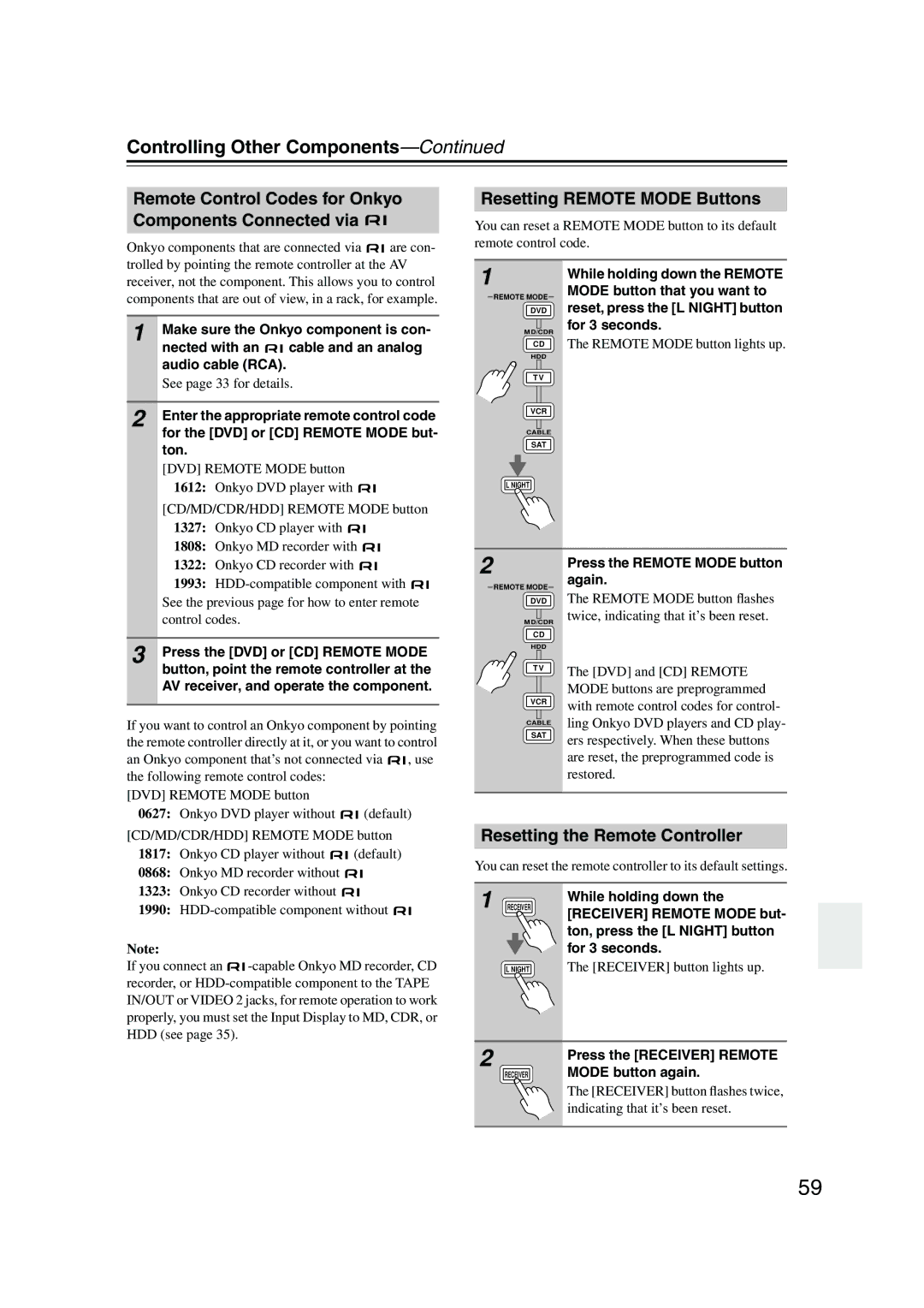 Onkyo HT-S790, SKF-540F, SKB-540 Controlling Other Components, Remote Control Codes for Onkyo Components Connected via 