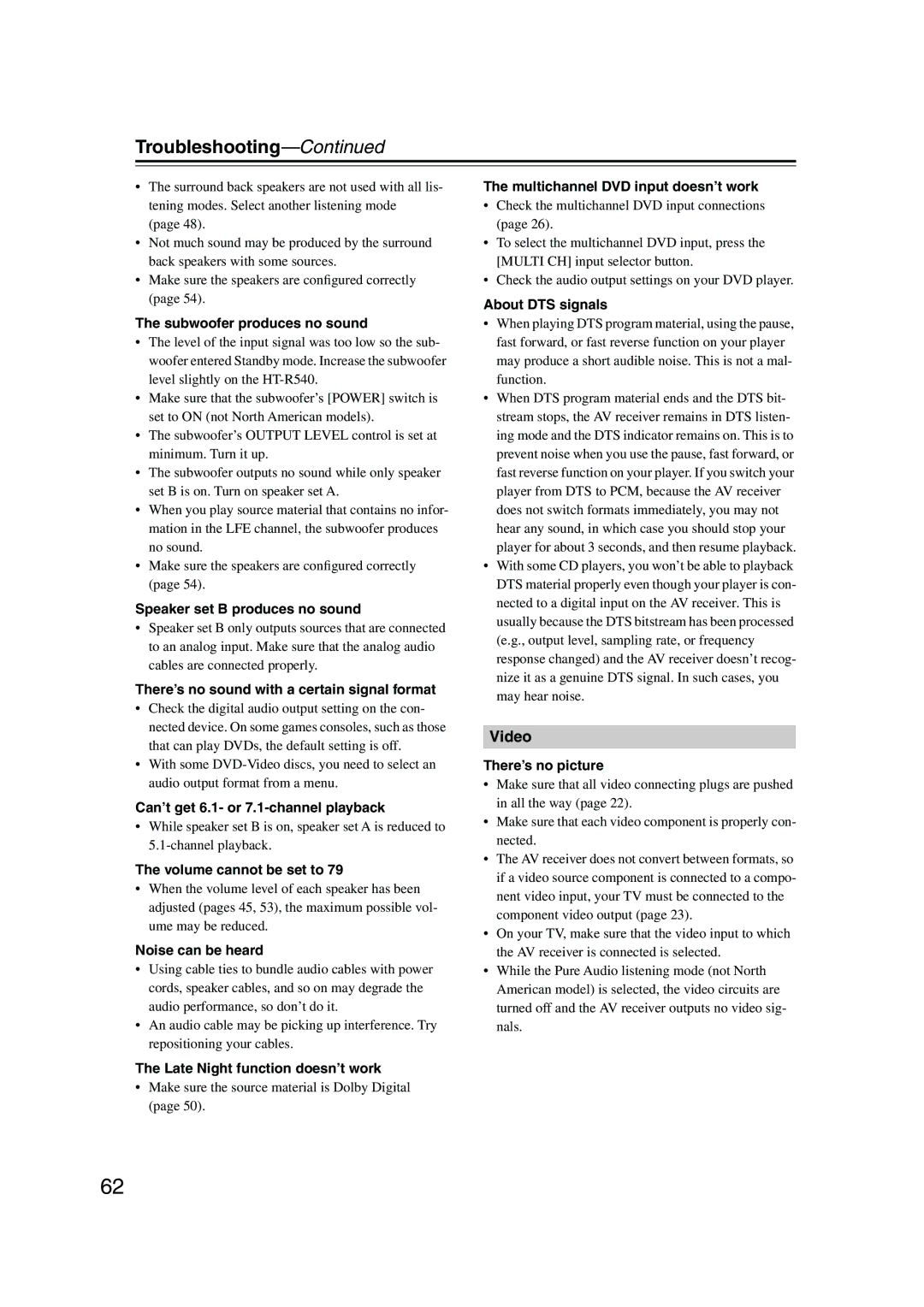 Onkyo SKM-540S, SKF-540F, SKB-540, SKW-540, HT-S790 instruction manual Troubleshooting, Video 