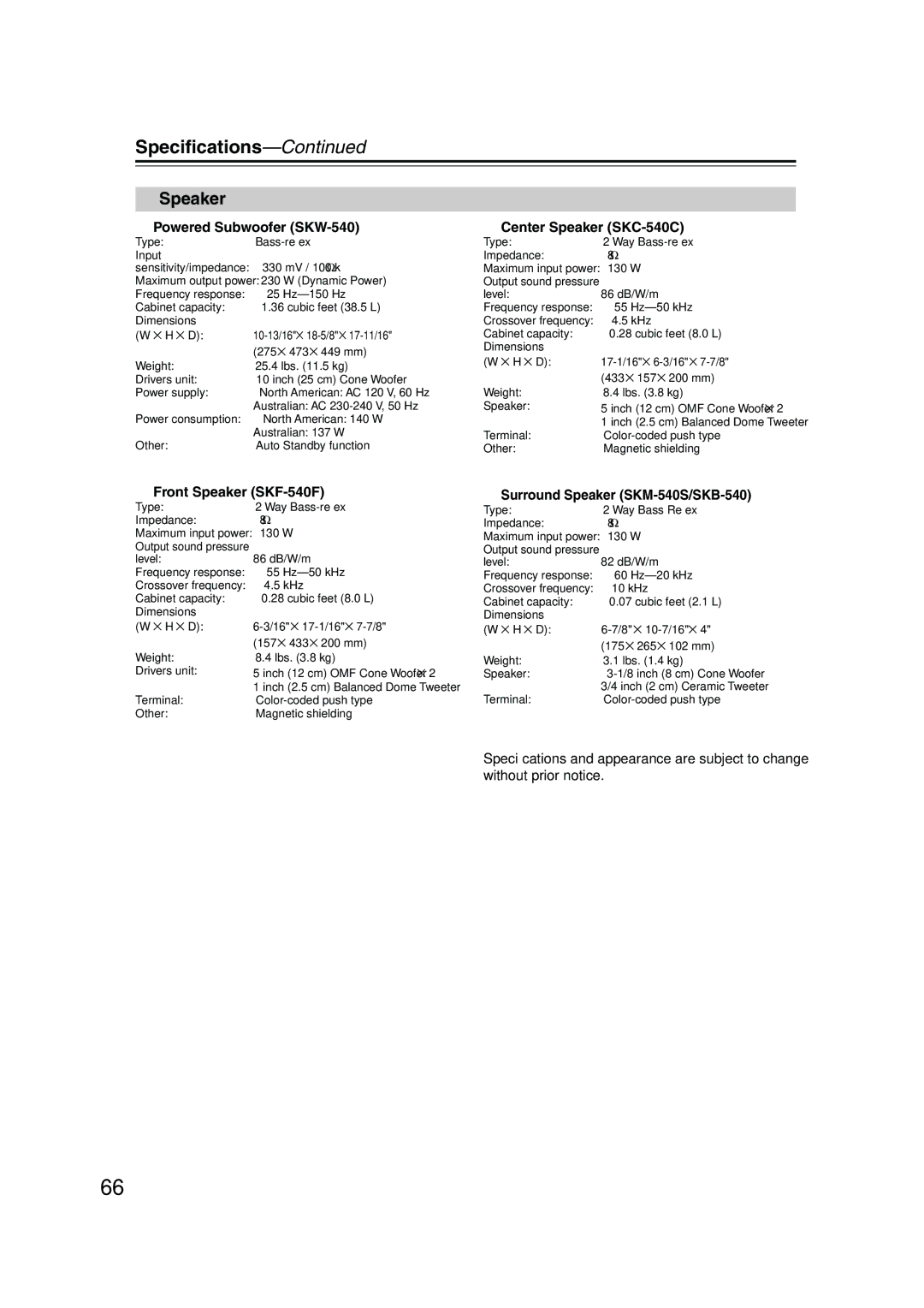 Onkyo SKB-540, SKF-540F, SKM-540S, SKW-540, HT-S790 instruction manual Speciﬁcations, Speaker 