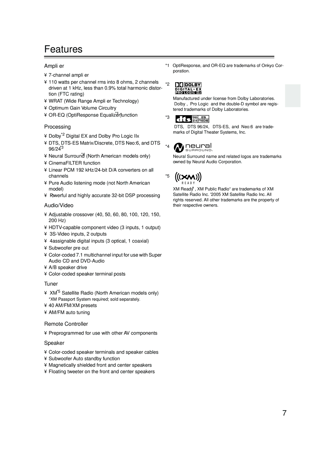 Onkyo SKM-540S, SKF-540F, SKB-540, SKW-540, HT-S790 instruction manual Features 