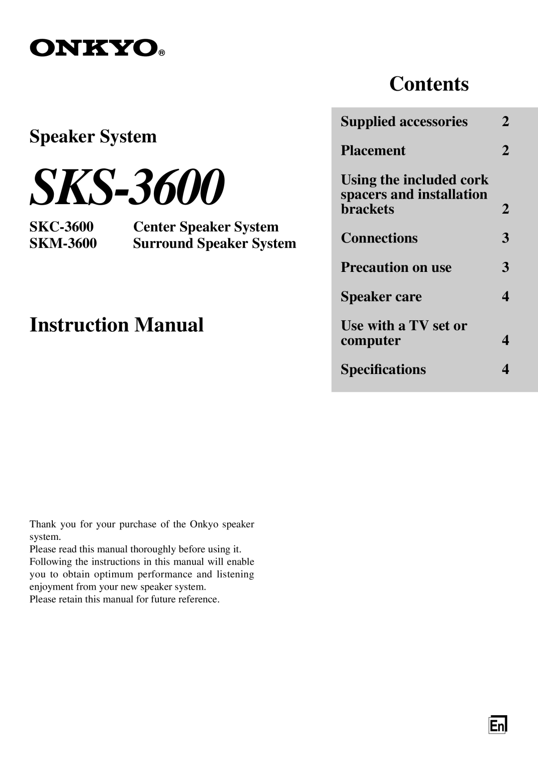 Onkyo SKM-3600 instruction manual SKS-3600 