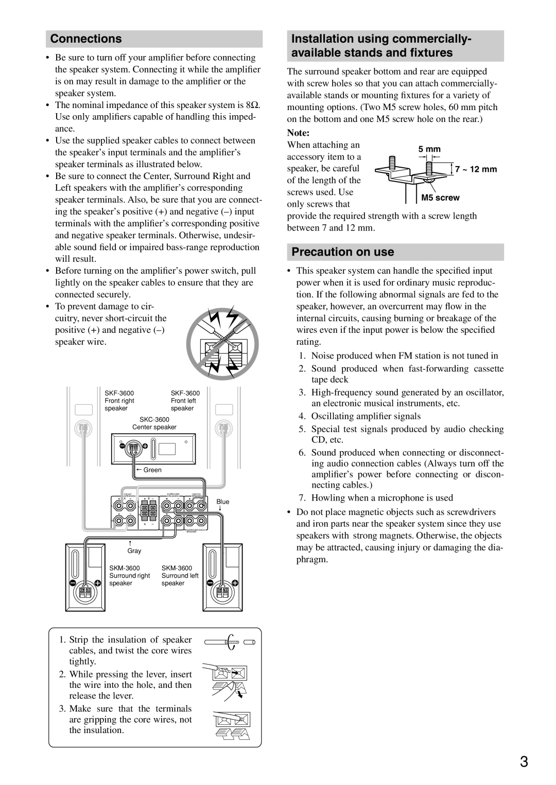 Onkyo SKM-3600 instruction manual Connections, Precaution on use 