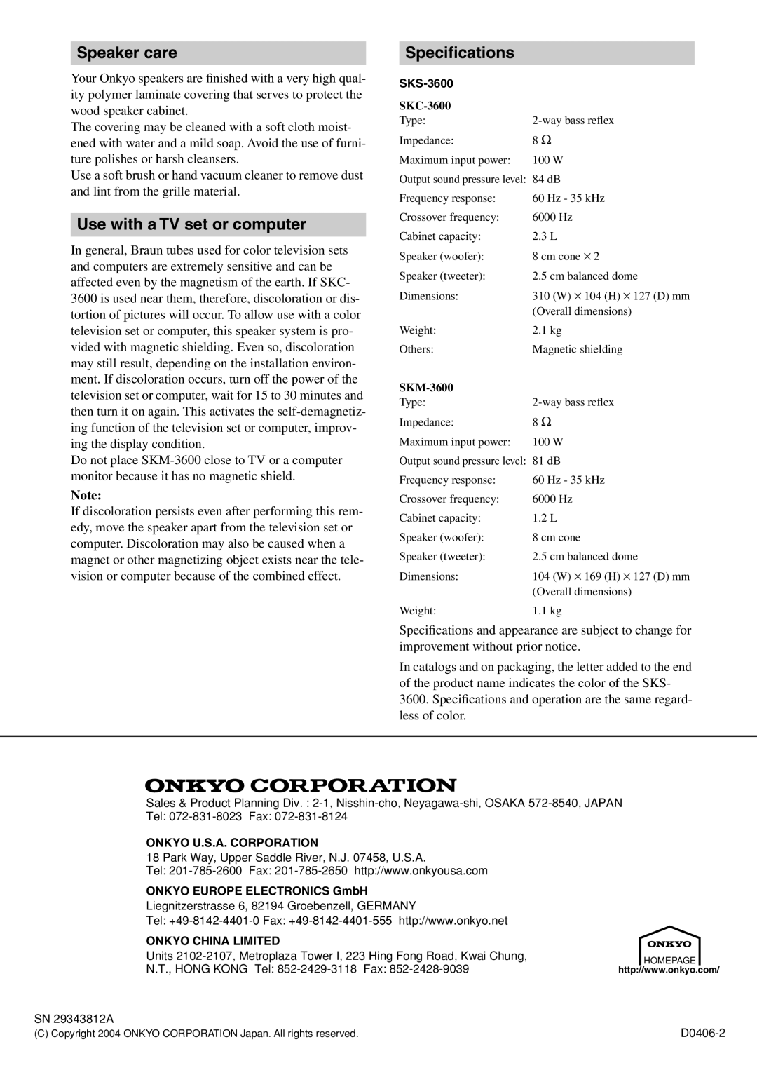 Onkyo SKM-3600 instruction manual Speaker care, Use with a TV set or computer, Speciﬁcations 