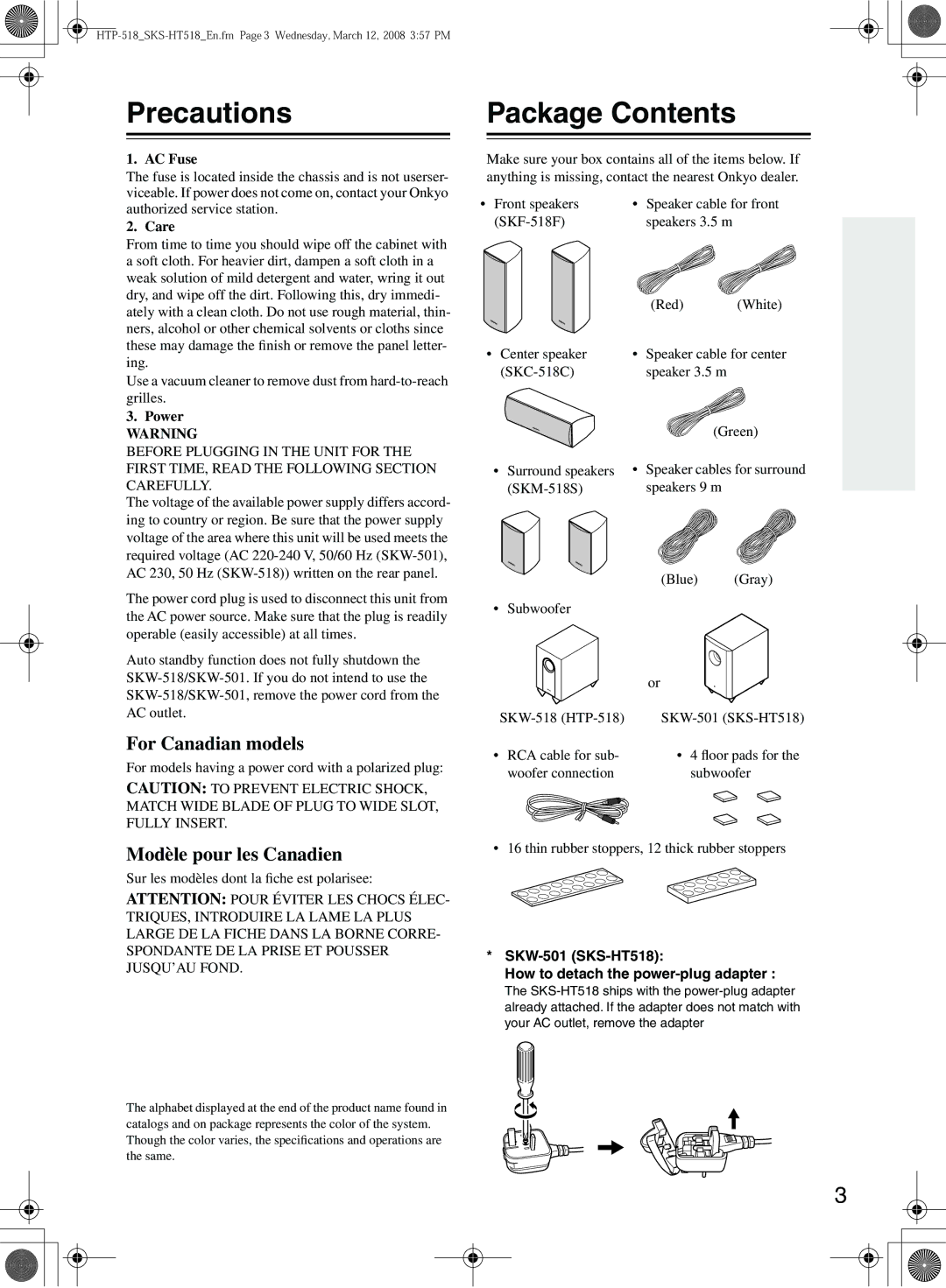 Onkyo SKS-HT518, SKM-518S, SKW-501, SKW-518 (HTP-518) POWERED SUBWOOFER instruction manual Precautions, Package Contents 