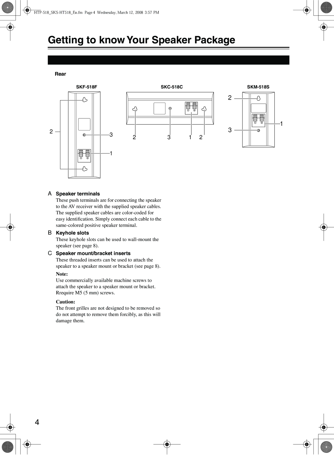 Onkyo HTP-518 Getting to know Your Speaker Package, Rear, Speaker terminals, Keyhole slots, Speaker mount/bracket inserts 