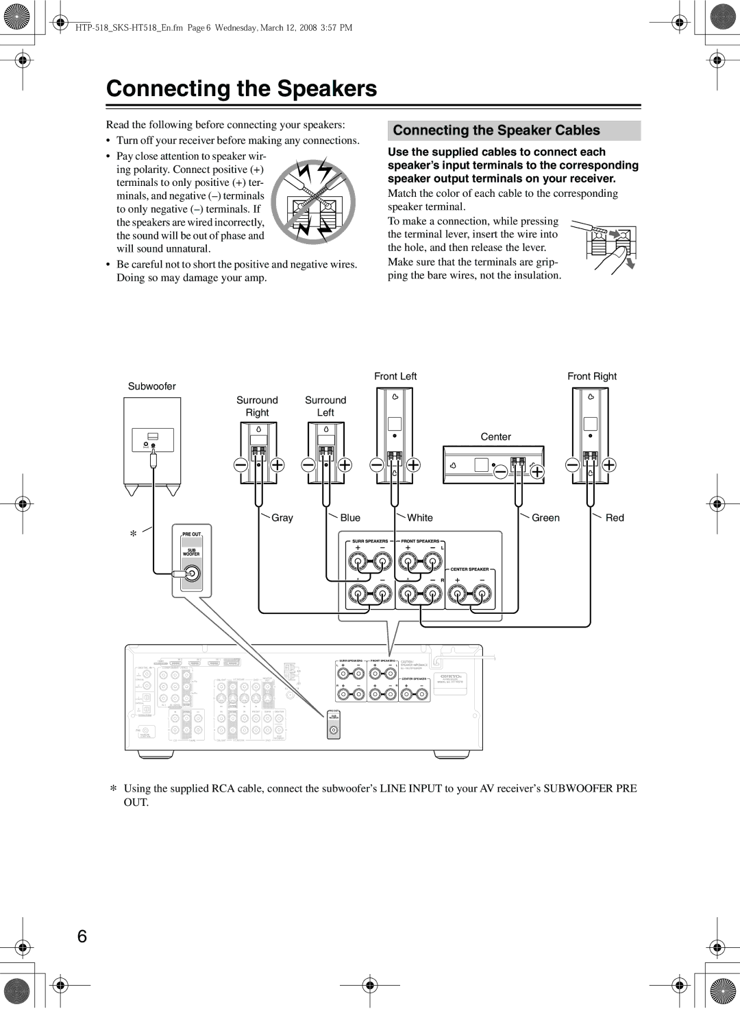 Onkyo SKW-501 (SKS-HT518)POWERED SUBWOOFER, SKM-518S, SKW-518 Connecting the Speakers, Connecting the Speaker Cables 