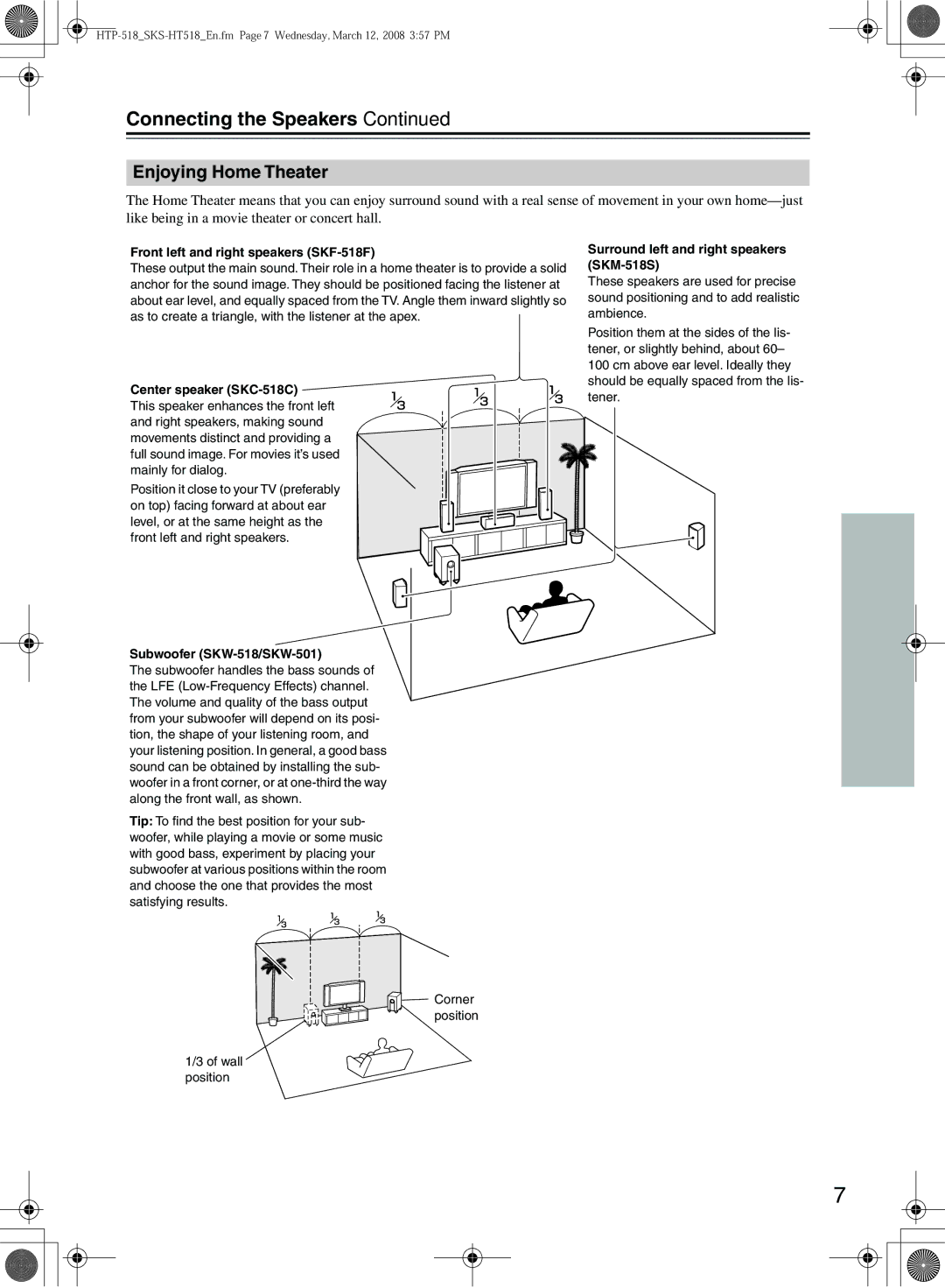 Onkyo SKM-518S, SKW-518, SKW-501, SKS-HT518, HTP-518 instruction manual Connecting the Speakers, Enjoying Home Theater 