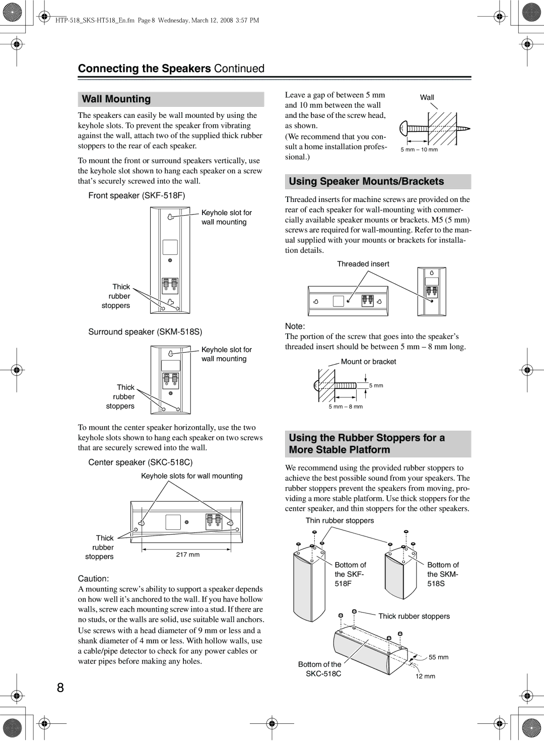 Onkyo SKW-518, SKM-518S Wall Mounting, Using Speaker Mounts/Brackets, Using the Rubber Stoppers for a More Stable Platform 