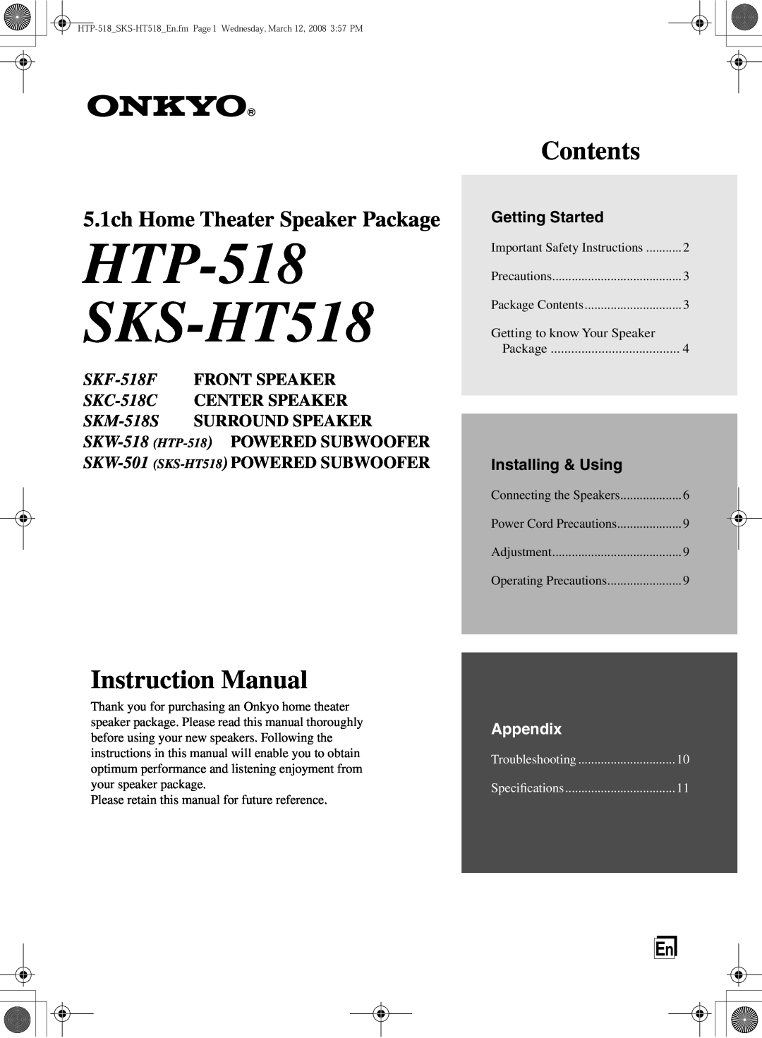 Onkyo SKW-518 instruction manual Getting Started, Installing & Using, HTP-518 SKS-HT518, Contents, SKW-501, Appendix 