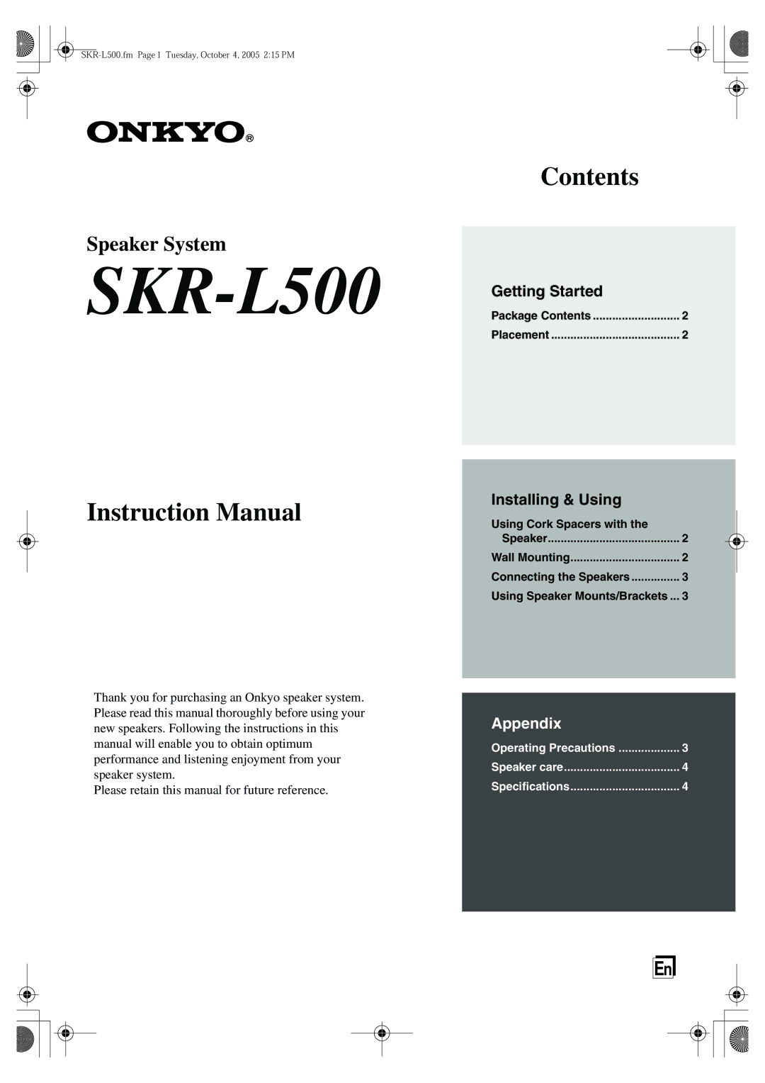 Onkyo SKR-L500 instruction manual 