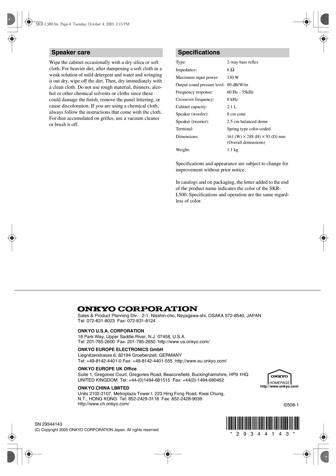 Onkyo SKR-L500 instruction manual Speaker care, Speciﬁcations 