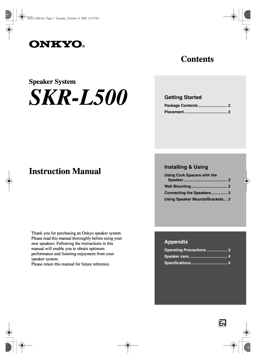 Onkyo SKR-L500 instruction manual Contents, Speaker System, Getting Started, Installing & Using, Appendix 