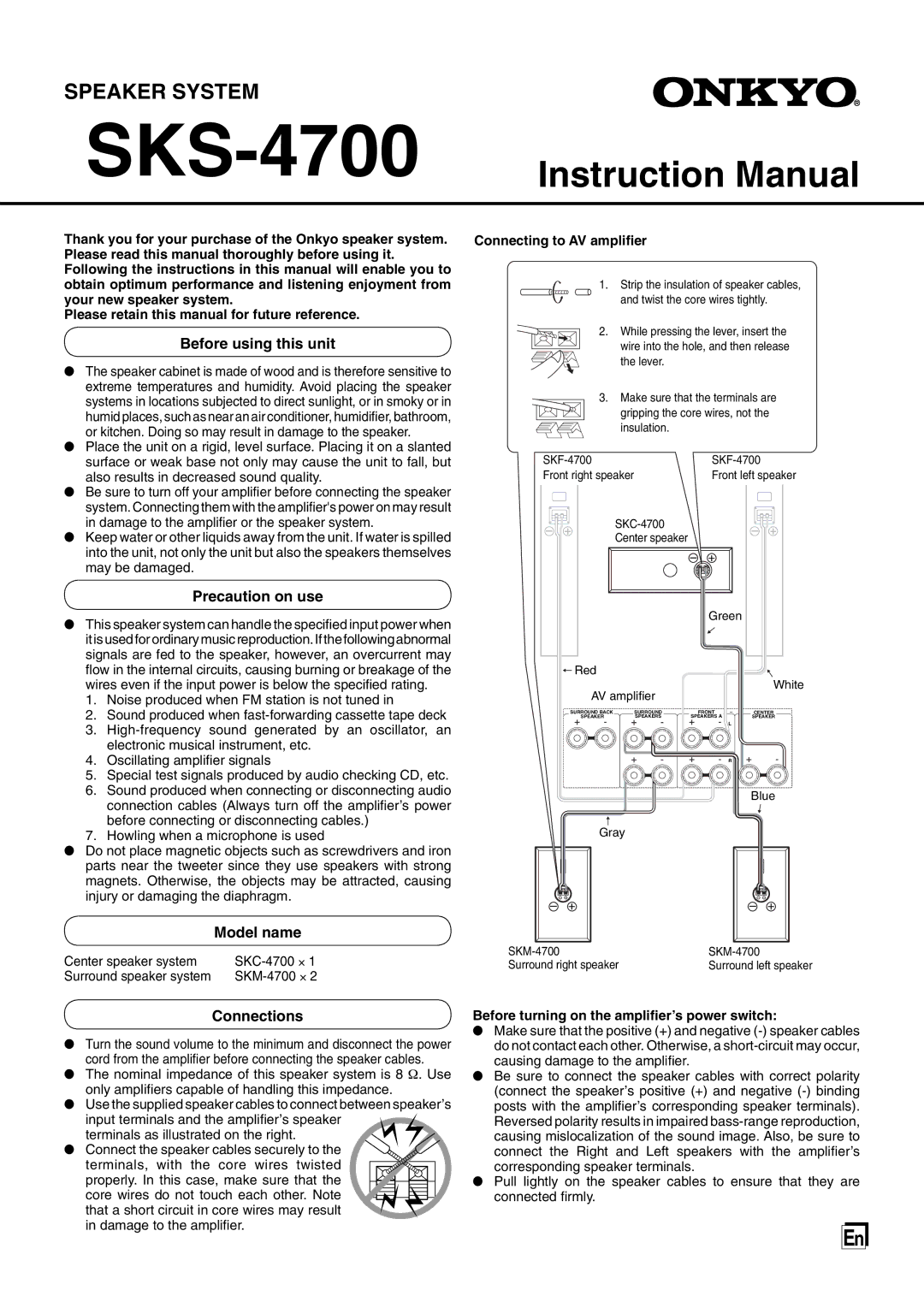 Onkyo SKS-4700 instruction manual Before using this unit, Precaution on use, Model name, Connections 