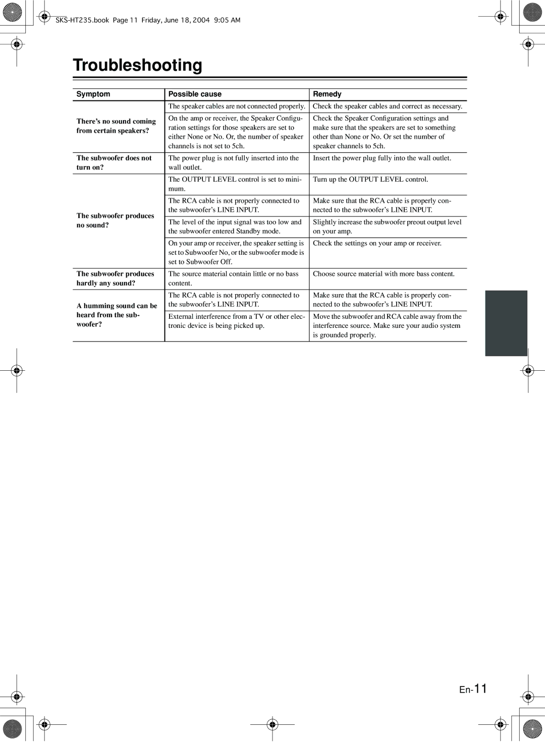 Onkyo SKS-HT235 appendix Troubleshooting, En-11 