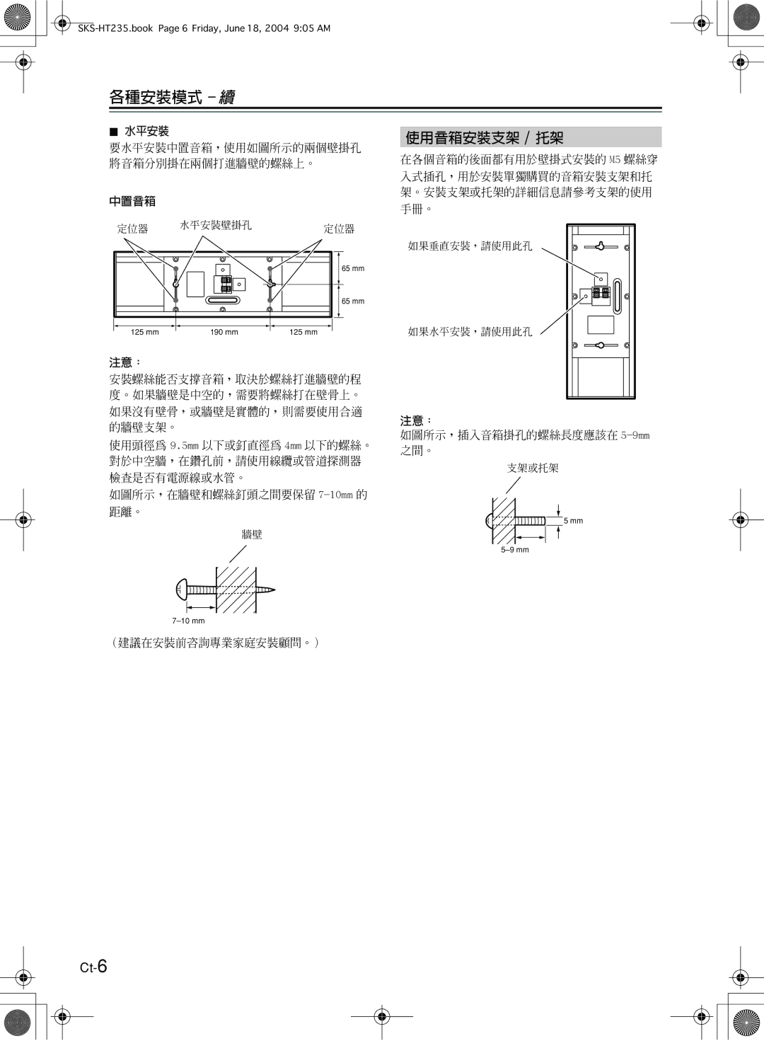 Onkyo SKS-HT235 appendix 使用音箱安裝支架 / 托架, Ct-6 